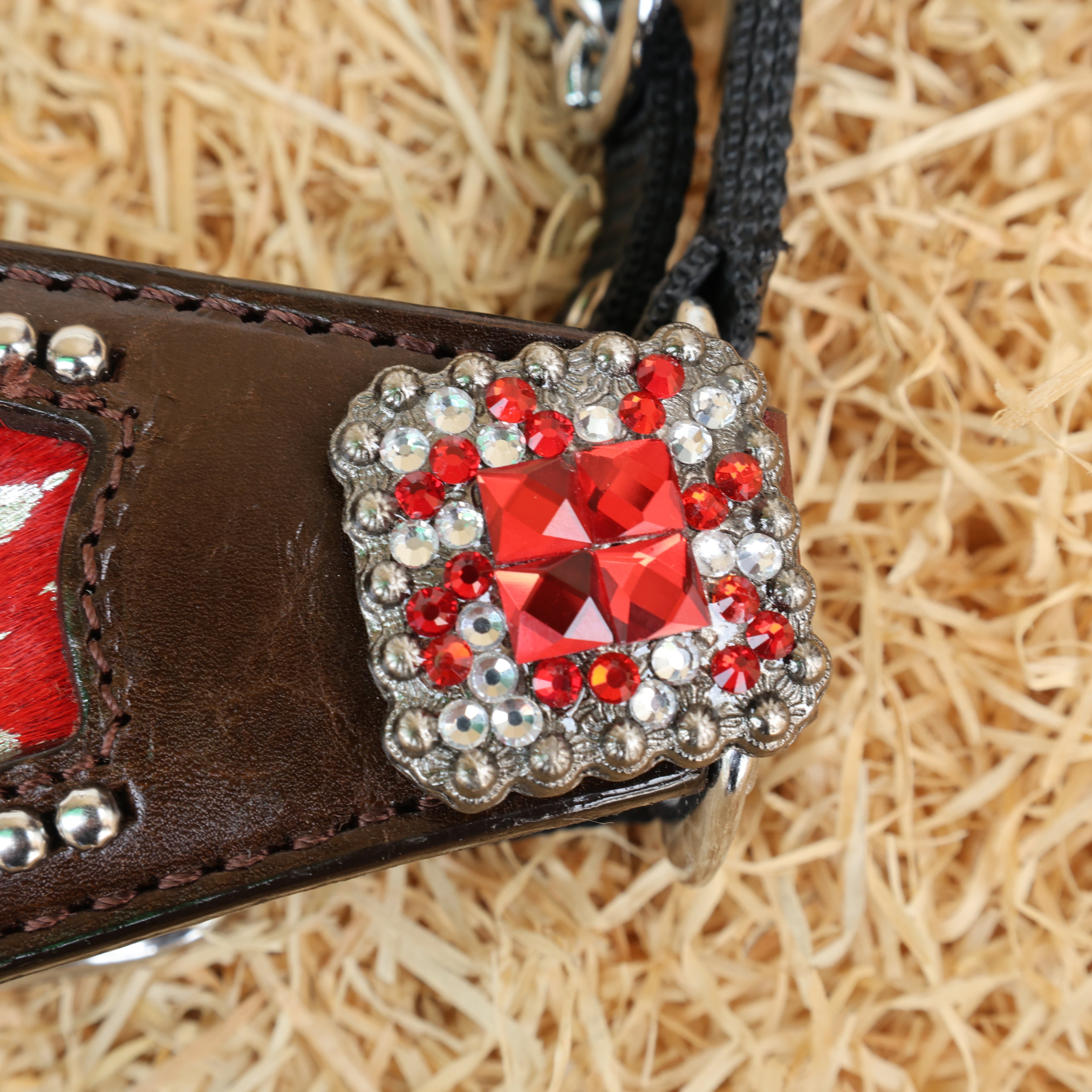 MOUSM Argentina Cow Leather Bronc Halter - Western Horse Noseband Decorated with Red Metallic Acid Wash Cowhide and Rhinestones Conchos