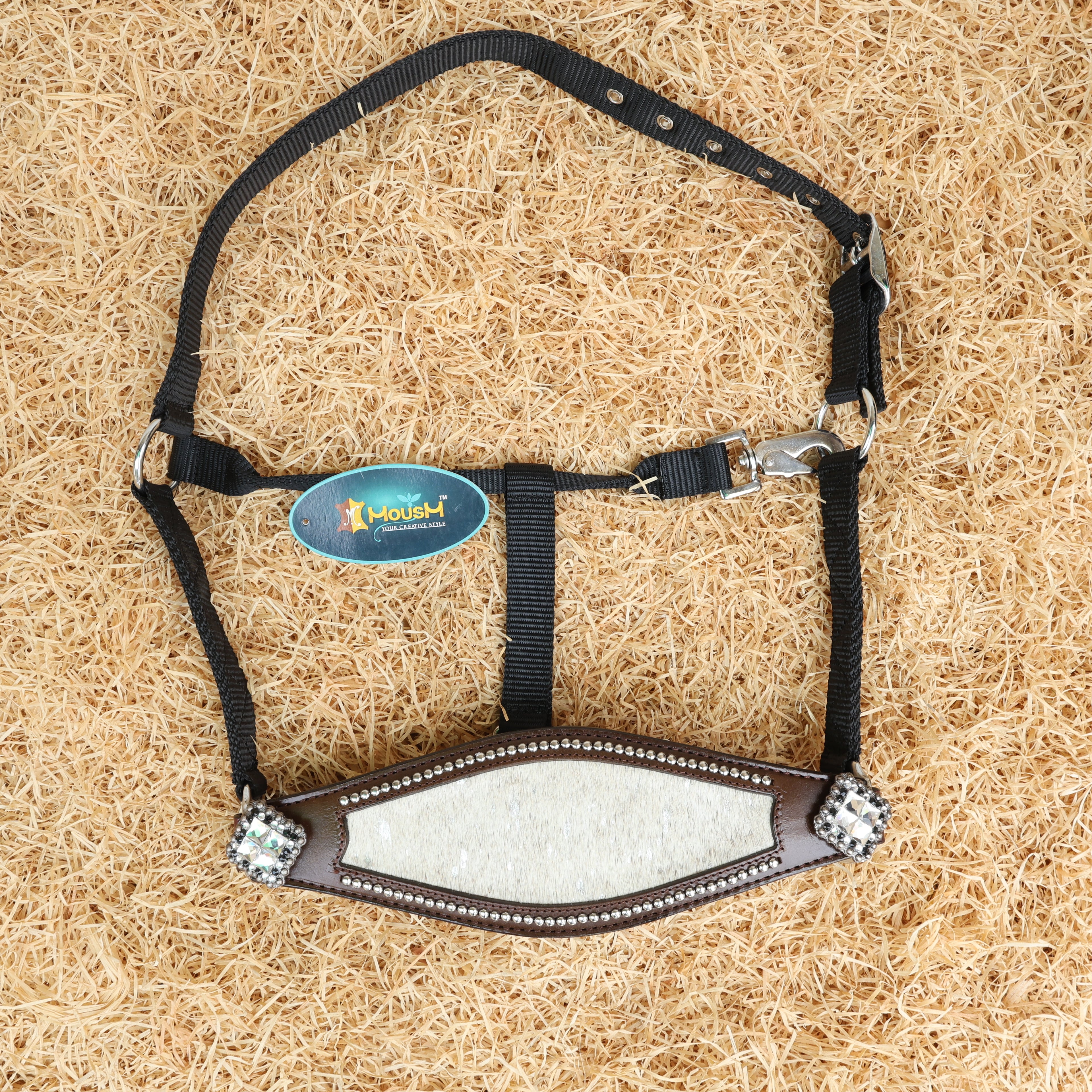 MOUSM Argentina Cow Leather Bronc Halter - Western Horse Noseband Decorated with White Metallic Acid Wash Cowhide and Rhinestones Conchos