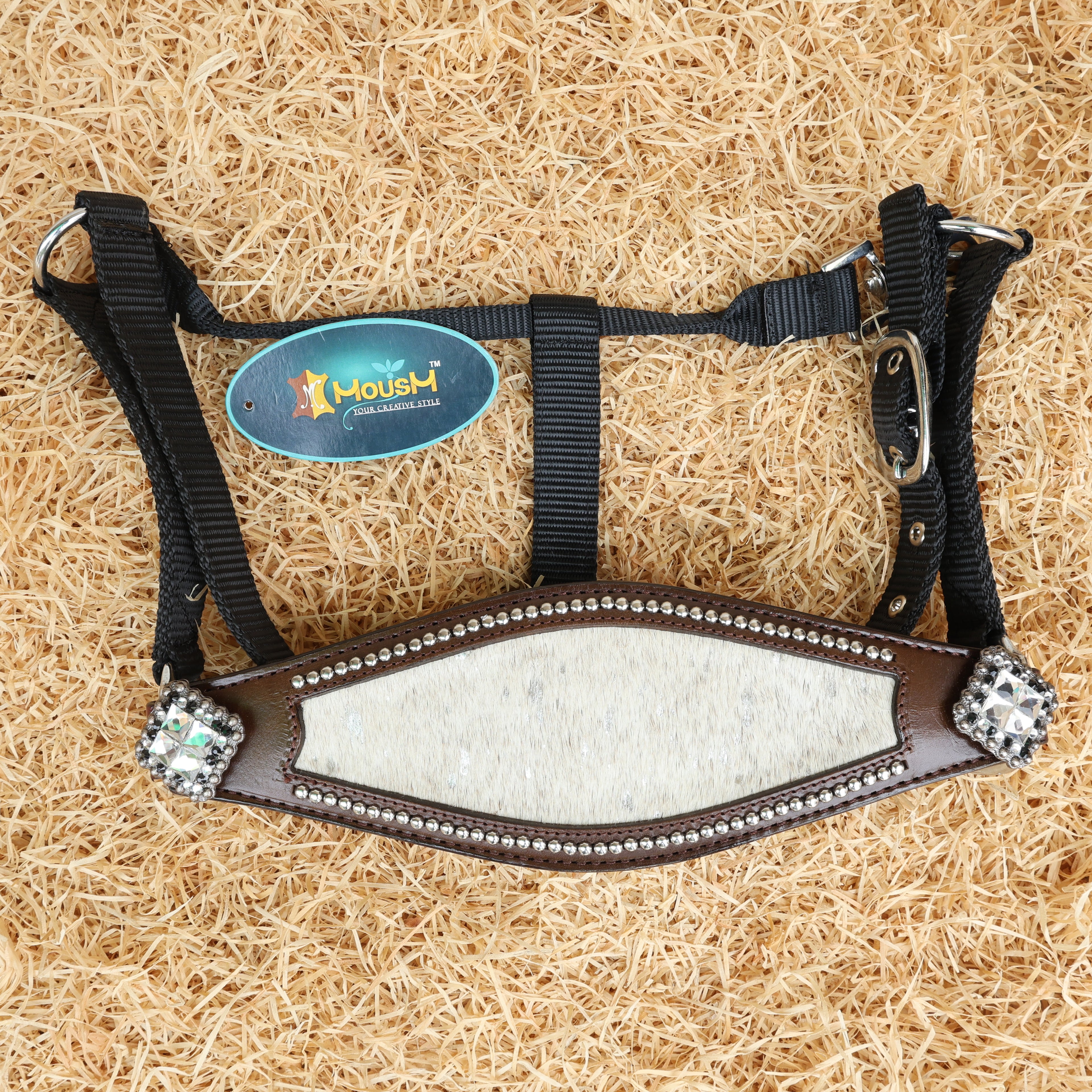 MOUSM Argentina Cow Leather Bronc Halter - Western Horse Noseband Decorated with White Metallic Acid Wash Cowhide and Rhinestones Conchos