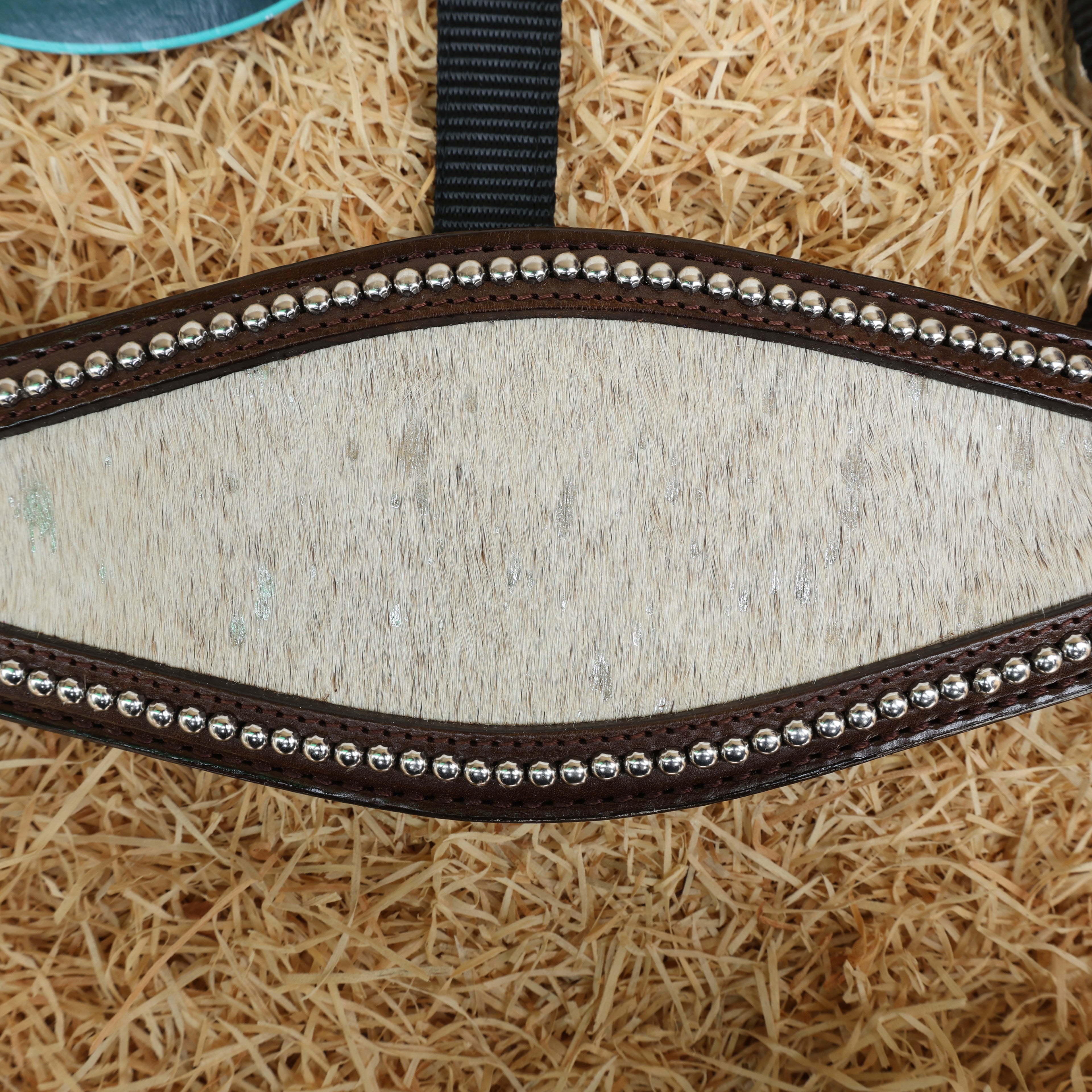 MOUSM Argentina Cow Leather Bronc Halter - Western Horse Noseband Decorated with White Metallic Acid Wash Cowhide and Rhinestones Conchos