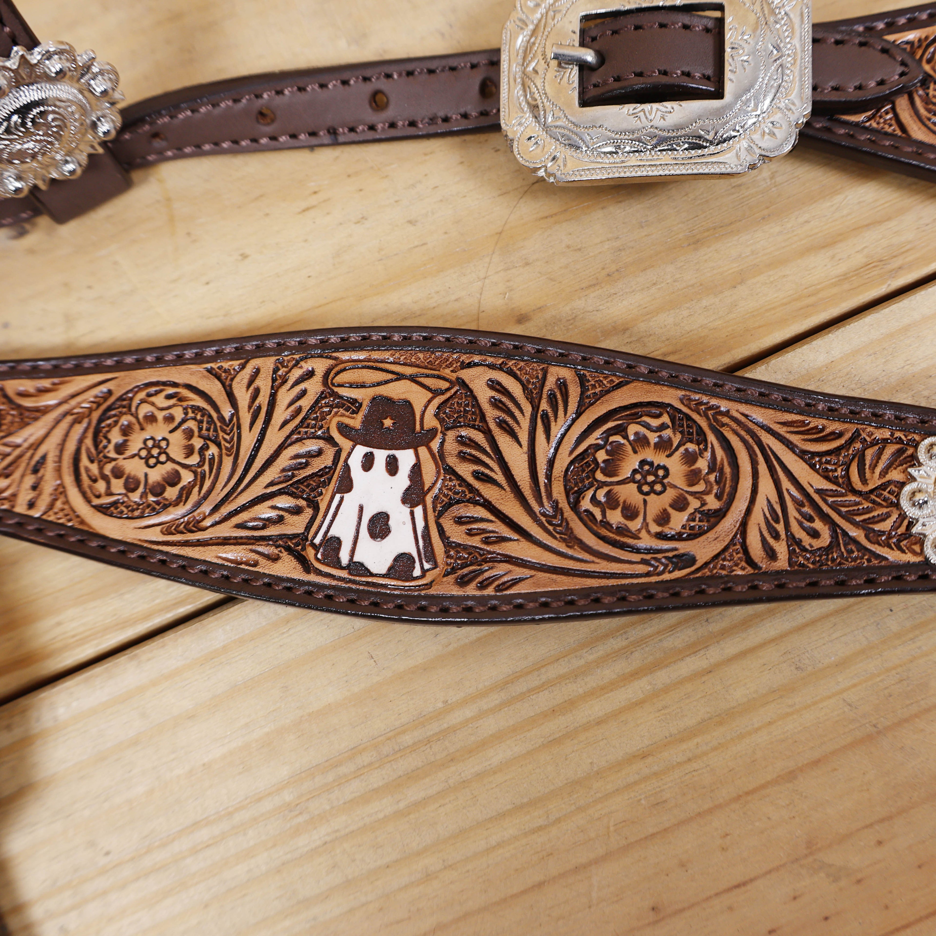 spooky design western headstall and breast collar with beautiful halloween ghost engraving