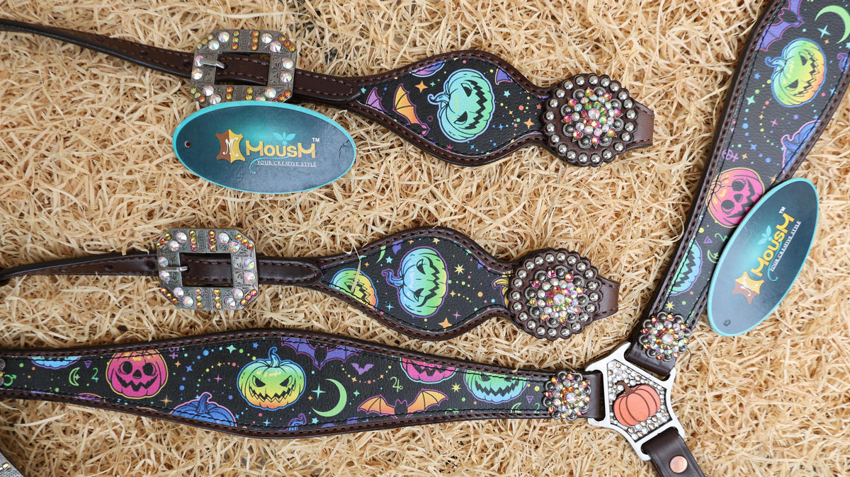 spooky halloween western headstall and breast collar set printed fluorescent pumpkin and bats on horse tack set