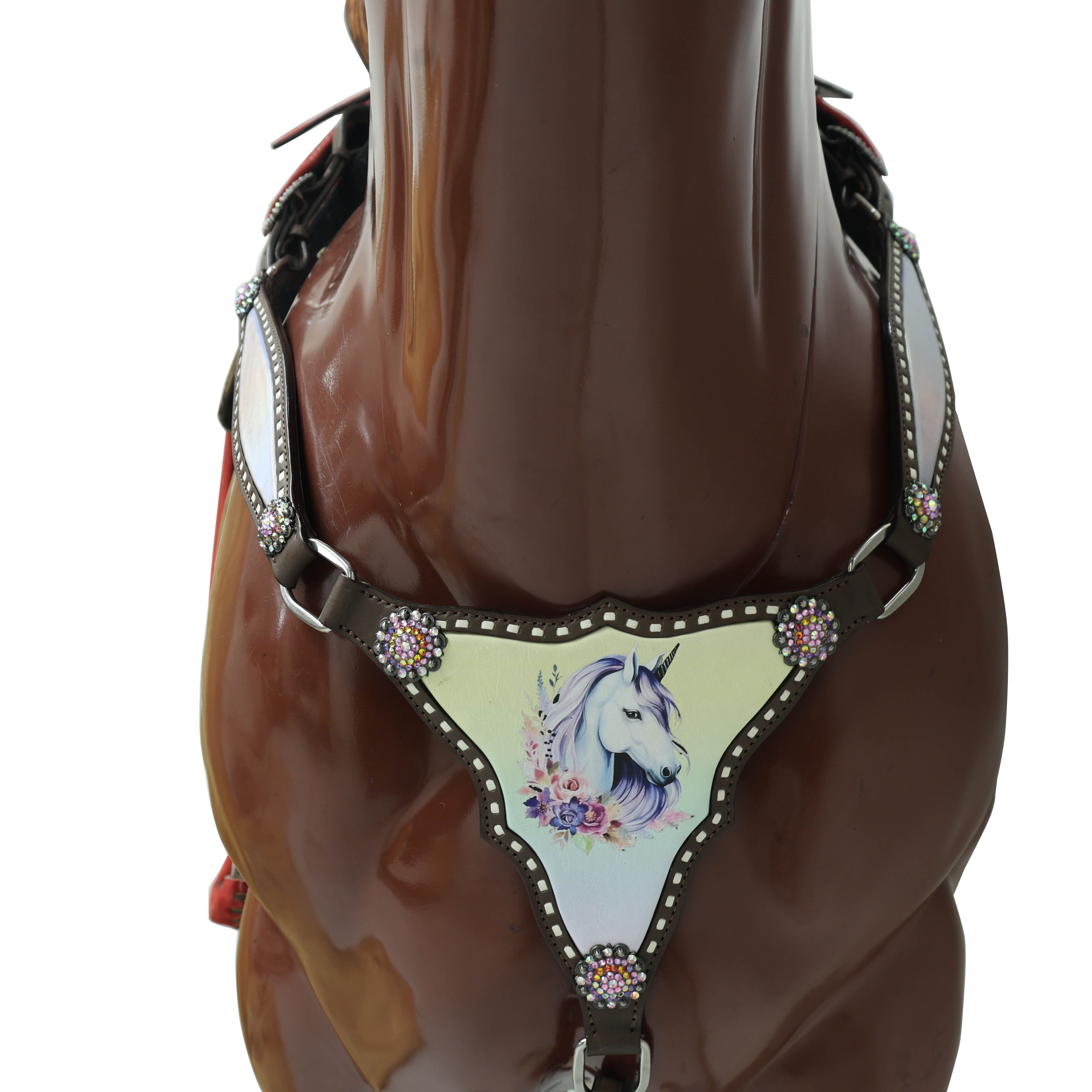 UNICORN printed breast collar with rawhide buck stitching and berry conchos