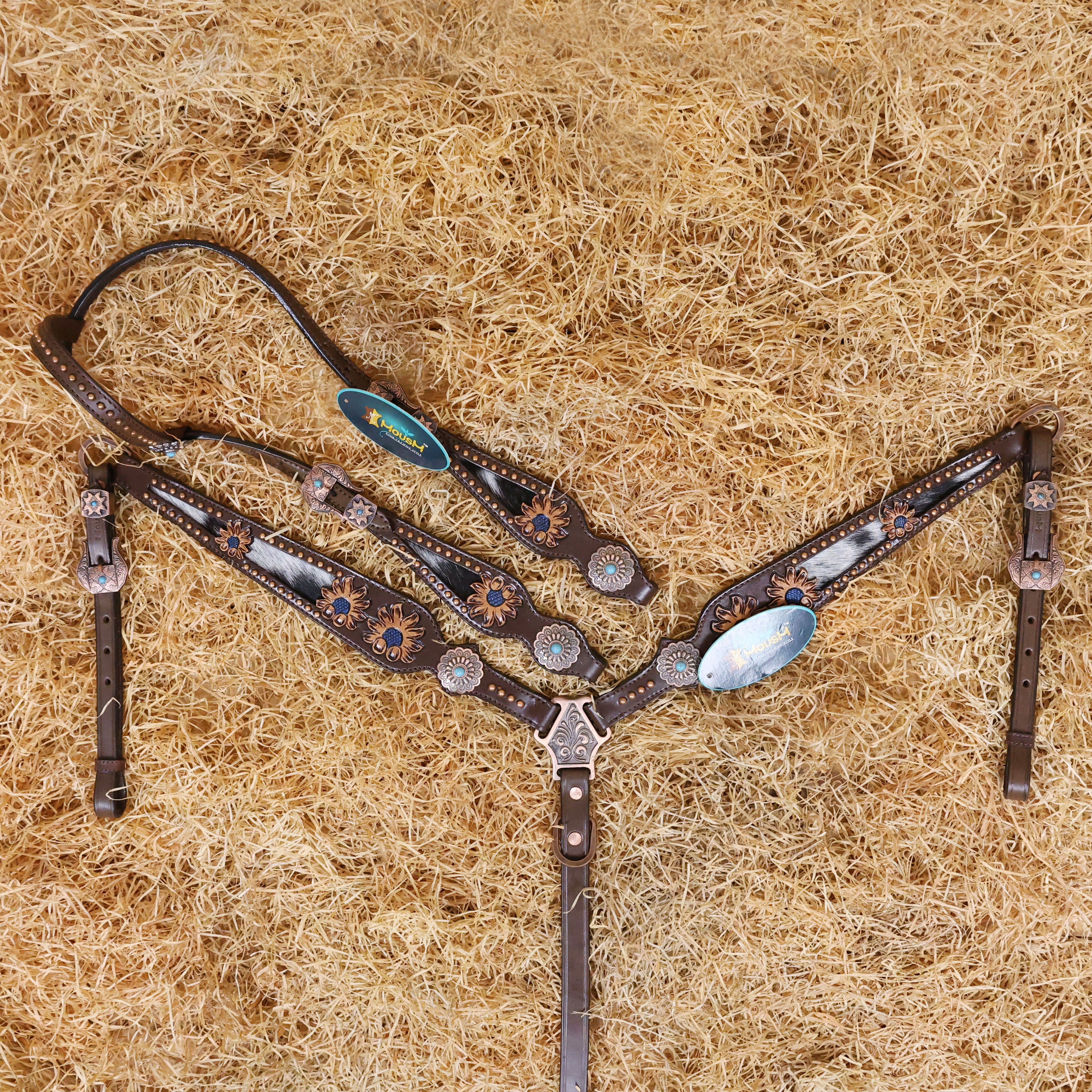 MOUSM Argentina Cow Leather Headstall & Breast Collar Set – Western Horse Tack Set Decorated with Real Cowhide Inlay and Hand-Tooled Sunflower Engraved Conchos