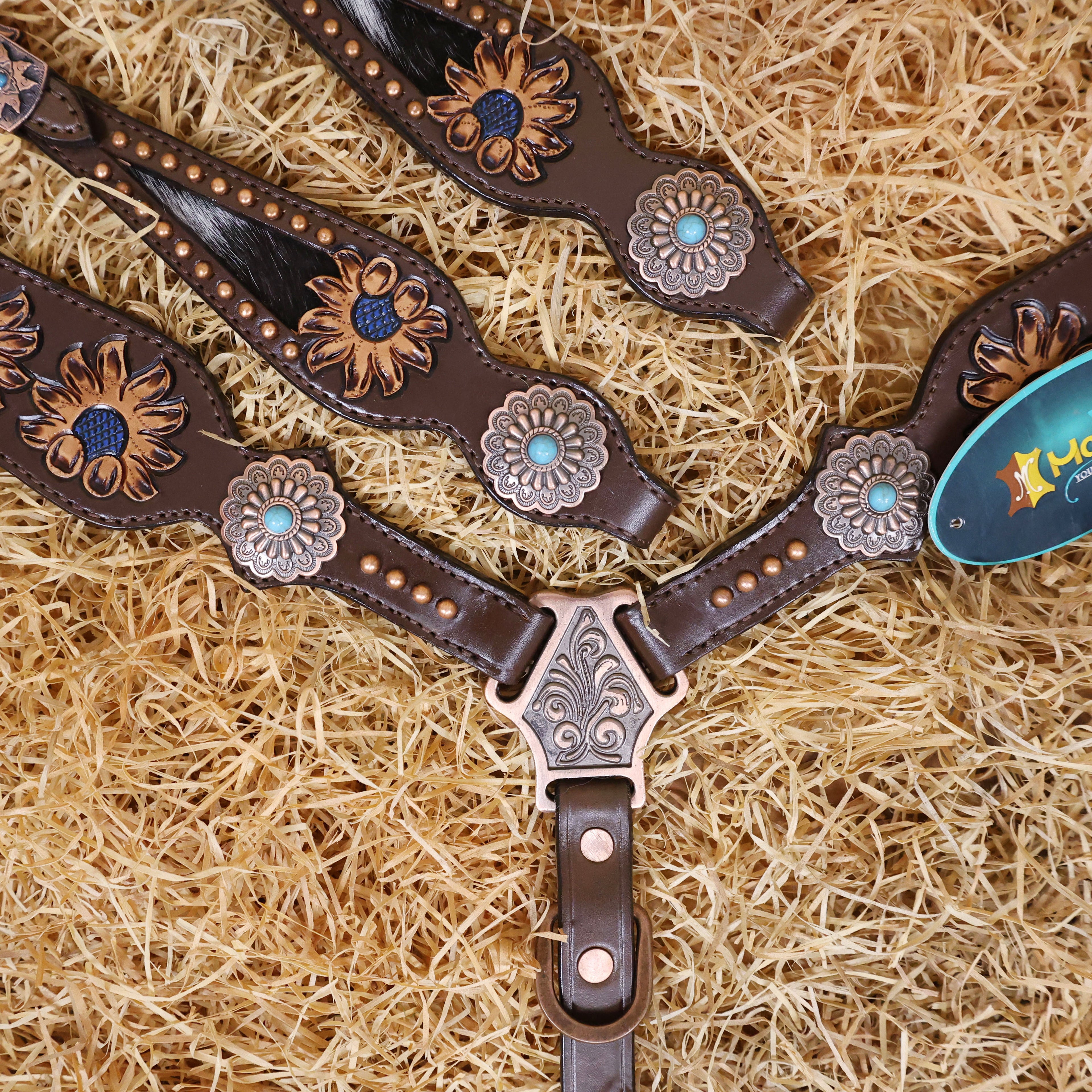 MOUSM Argentina Cow Leather Headstall & Breast Collar Set – Western Horse Tack Set Decorated with Real Cowhide Inlay and Hand-Tooled Sunflower Engraved Conchos