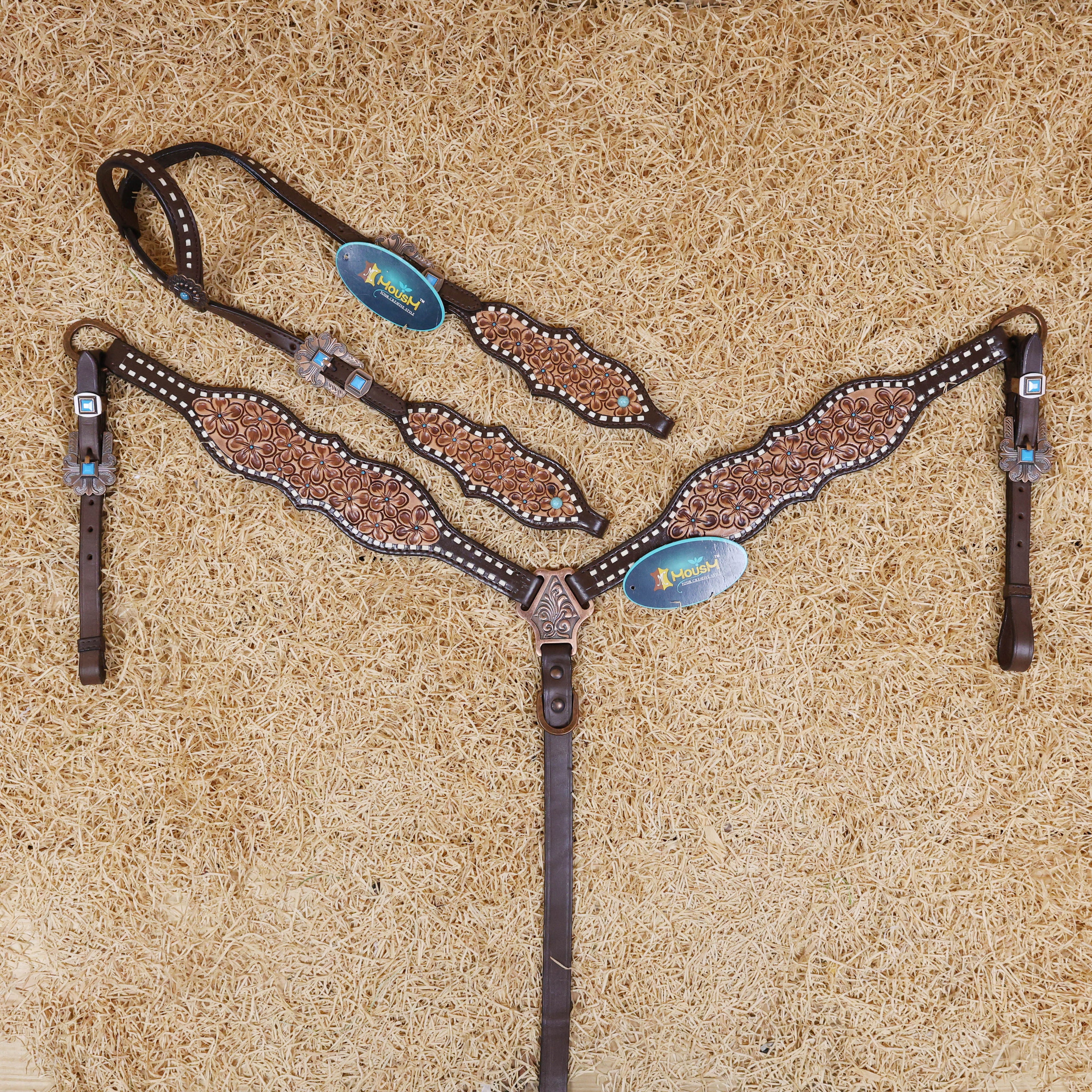 MOUSM Argentina Cow Leather Breast Collar and Headstall Sets - Western Horse Bridle Headstall Hand-Tooled with Small Floral Patterns & Buck Stitching