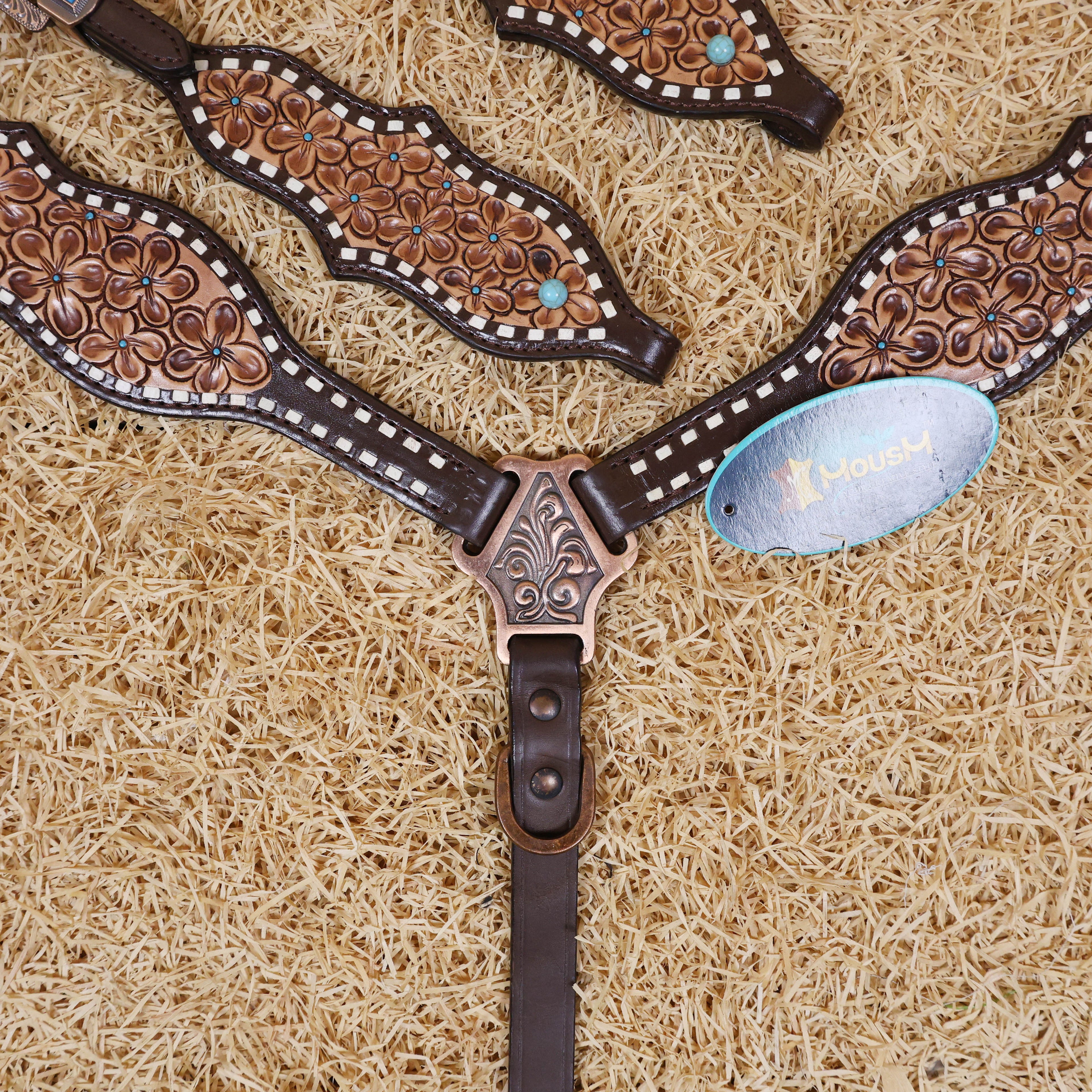 MOUSM Argentina Cow Leather Breast Collar and Headstall Sets - Western Horse Bridle Headstall Hand-Tooled with Small Floral Patterns & Buck Stitching