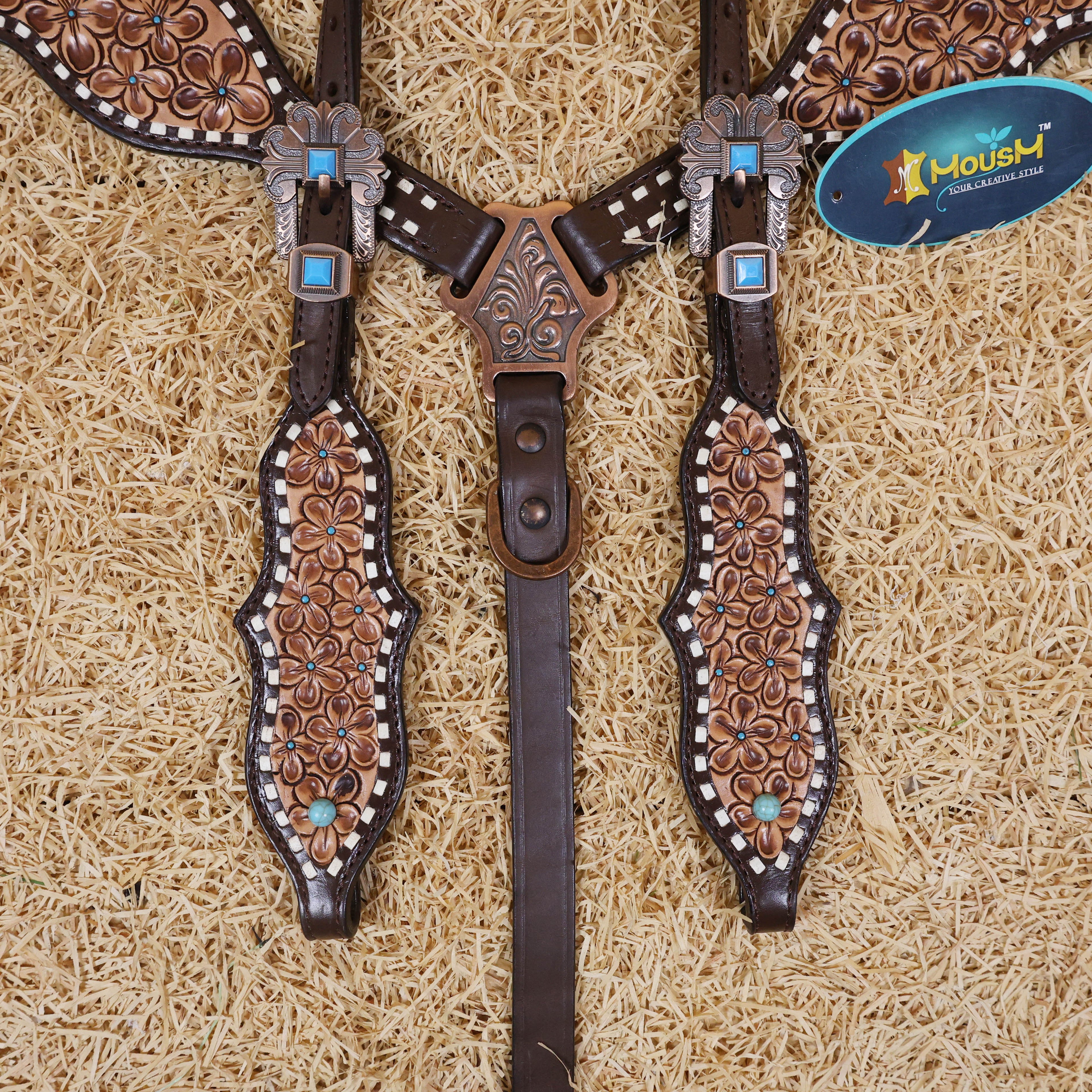 MOUSM Argentina Cow Leather Breast Collar and Headstall Sets - Western Horse Bridle Headstall Hand-Tooled with Small Floral Patterns & Buck Stitching