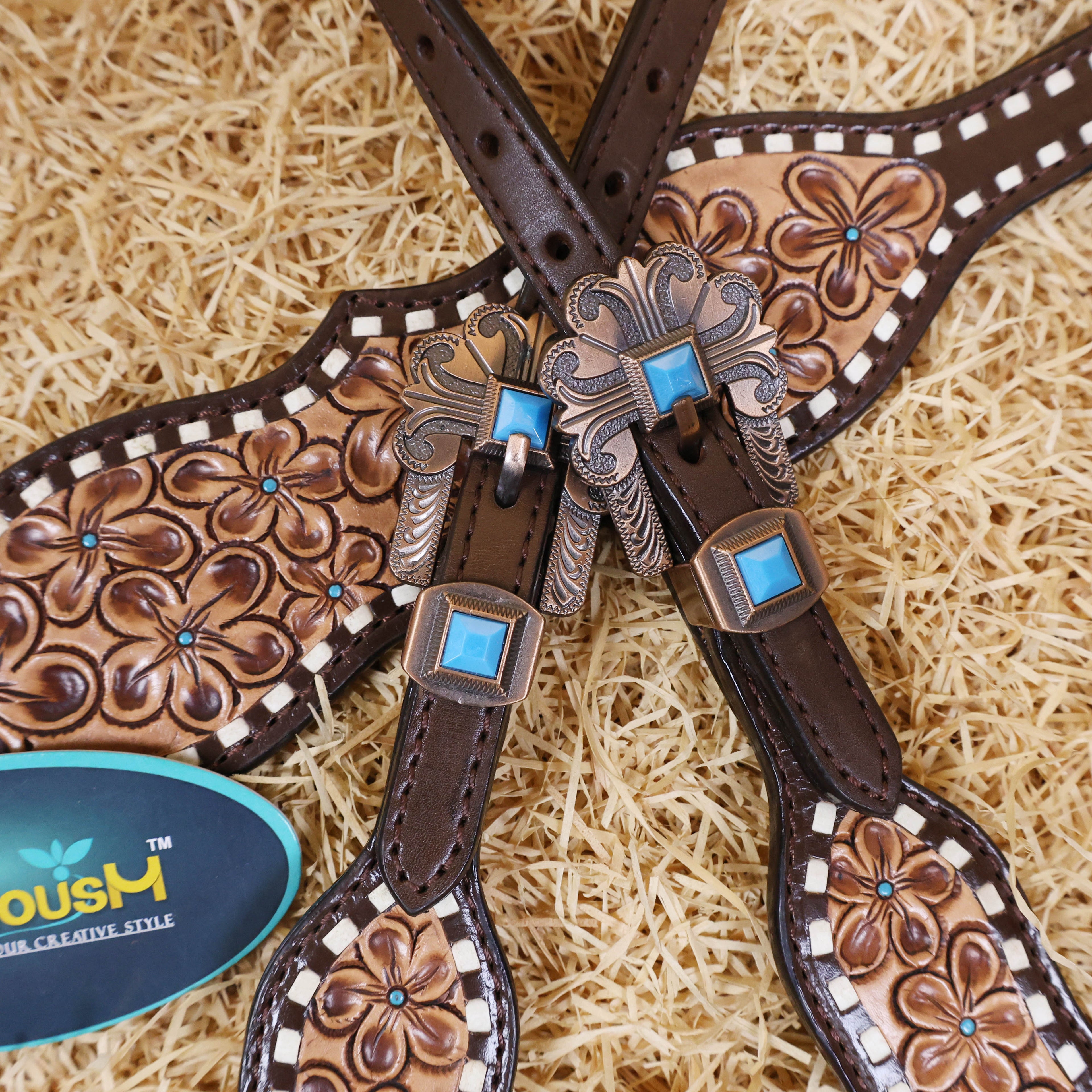 MOUSM Argentina Cow Leather Breast Collar and Headstall Sets - Western Horse Bridle Headstall Hand-Tooled with Small Floral Patterns & Buck Stitching