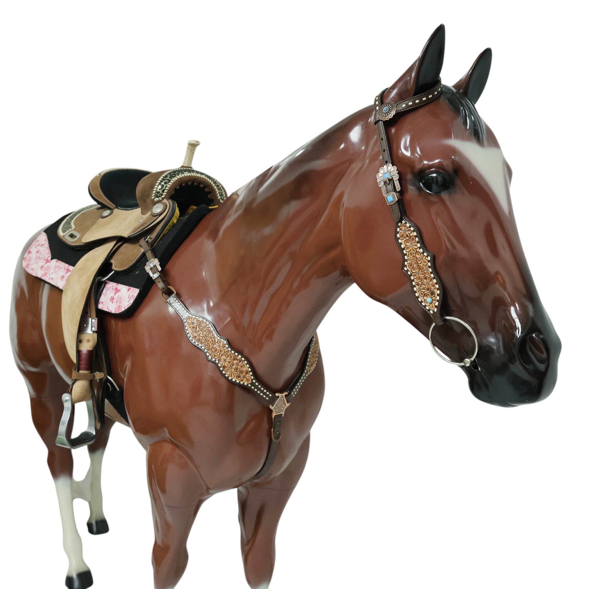 MOUSM Argentina Cow Leather Breast Collar and Headstall Sets - Western Horse Bridle Headstall Hand-Tooled with Small Floral Patterns & Buck Stitching
