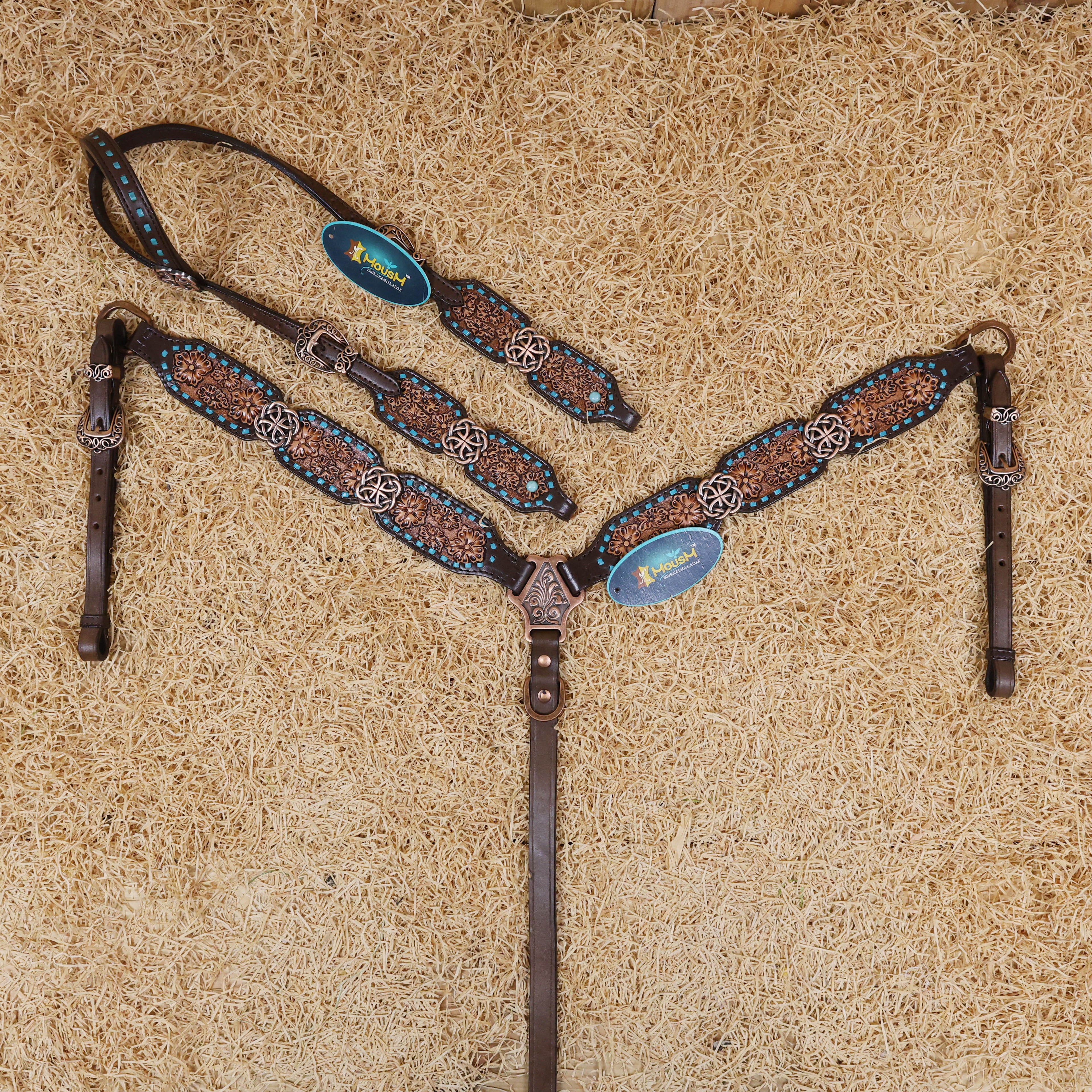 MOUSM Argentina Cow Leather Western Horse Tack Set - Breast Collar and Headstall Set Hand-Carved Flower Detail with Turquoise Buck Stitching