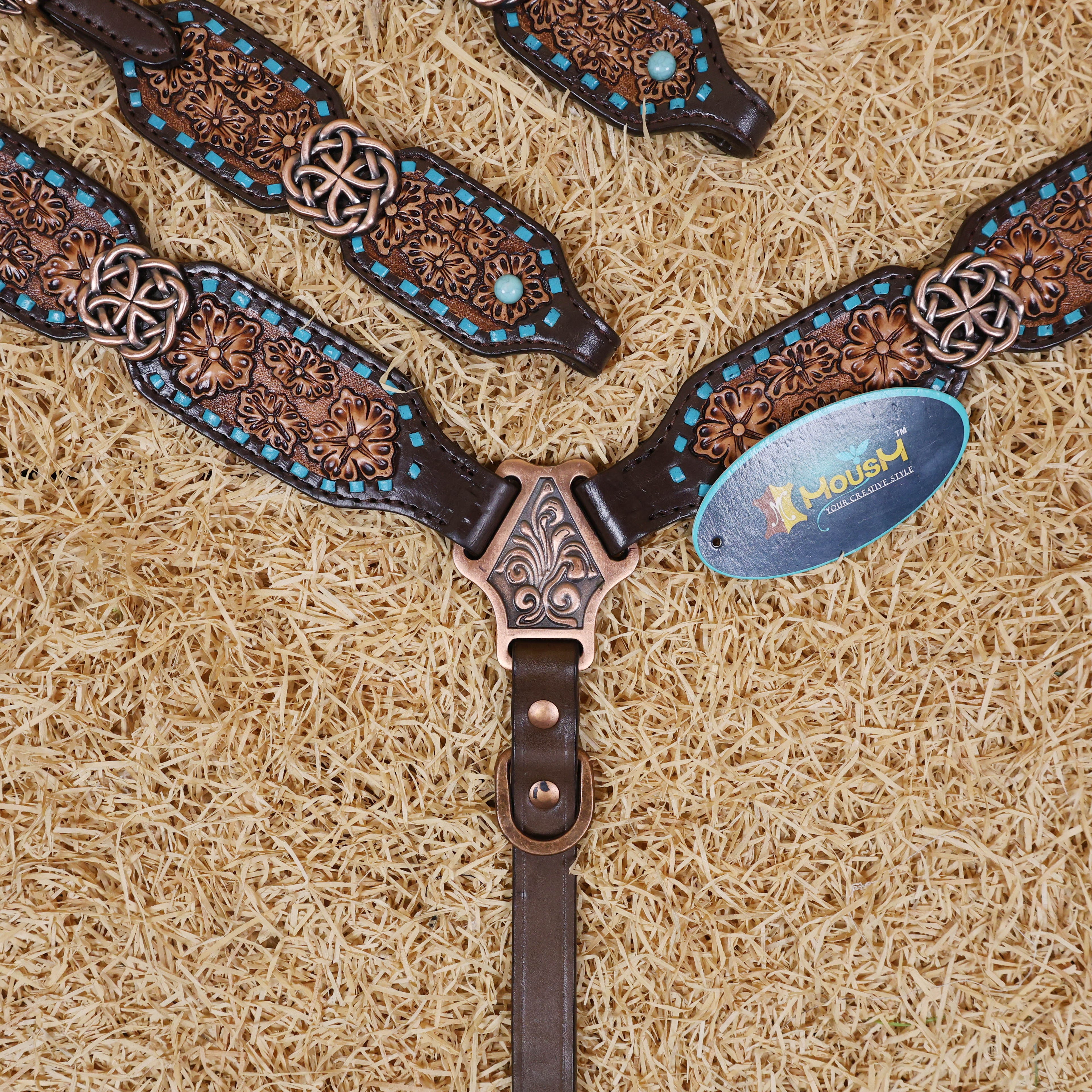 MOUSM Argentina Cow Leather Western Horse Tack Set - Breast Collar and Headstall Set Hand-Carved Flower Detail with Turquoise Buck Stitching