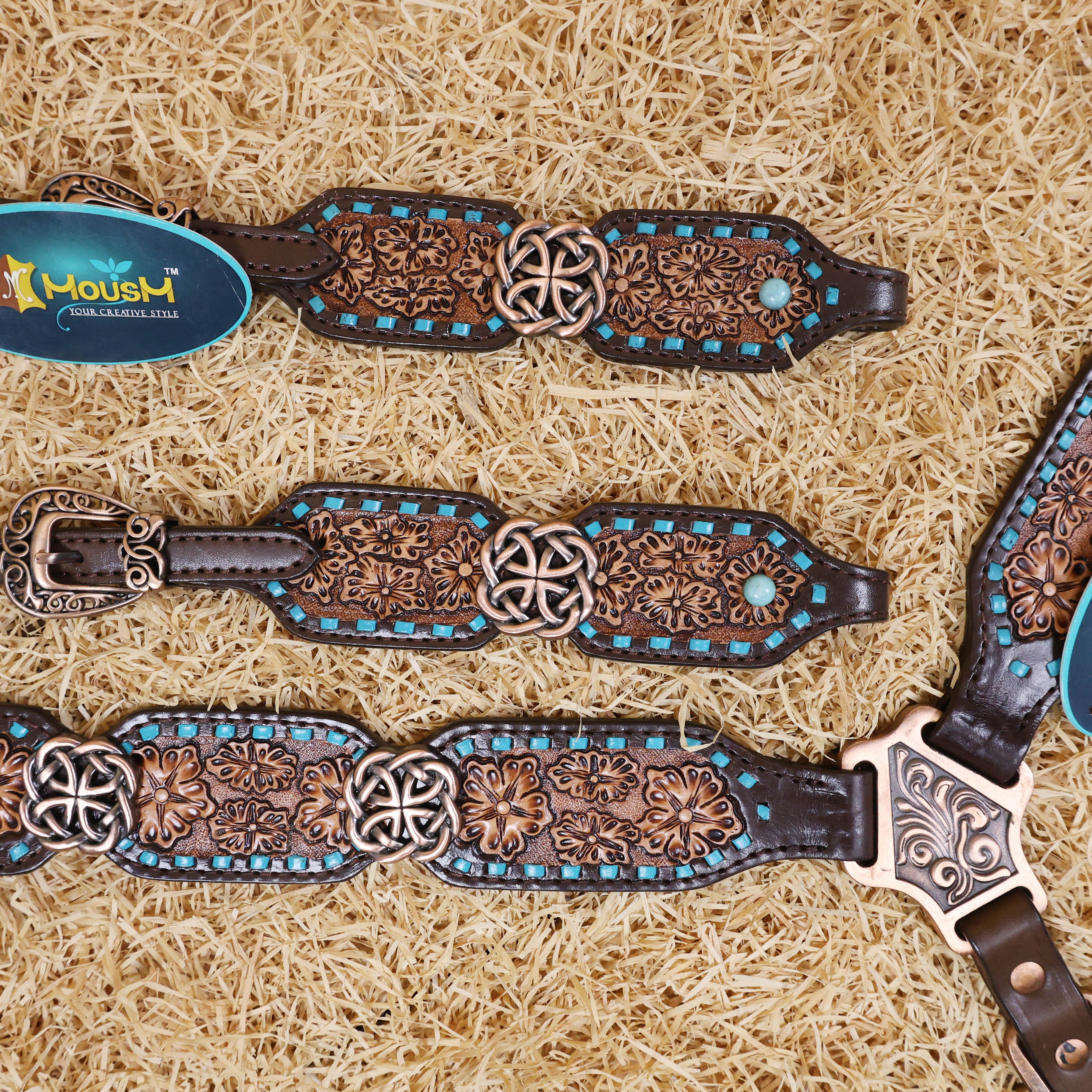 MOUSM Argentina Cow Leather Western Horse Tack Set - Breast Collar and Headstall Set Hand-Carved Flower Detail with Turquoise Buck Stitching