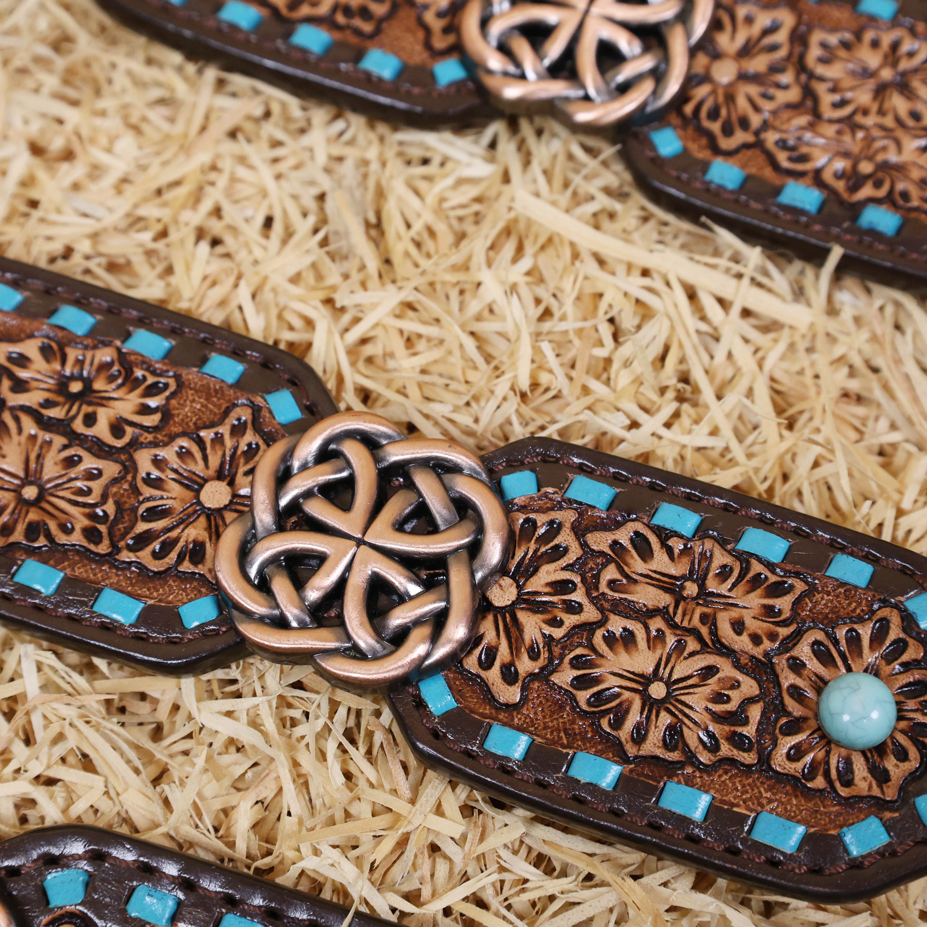 MOUSM Argentina Cow Leather Western Horse Tack Set - Breast Collar and Headstall Set Hand-Carved Flower Detail with Turquoise Buck Stitching