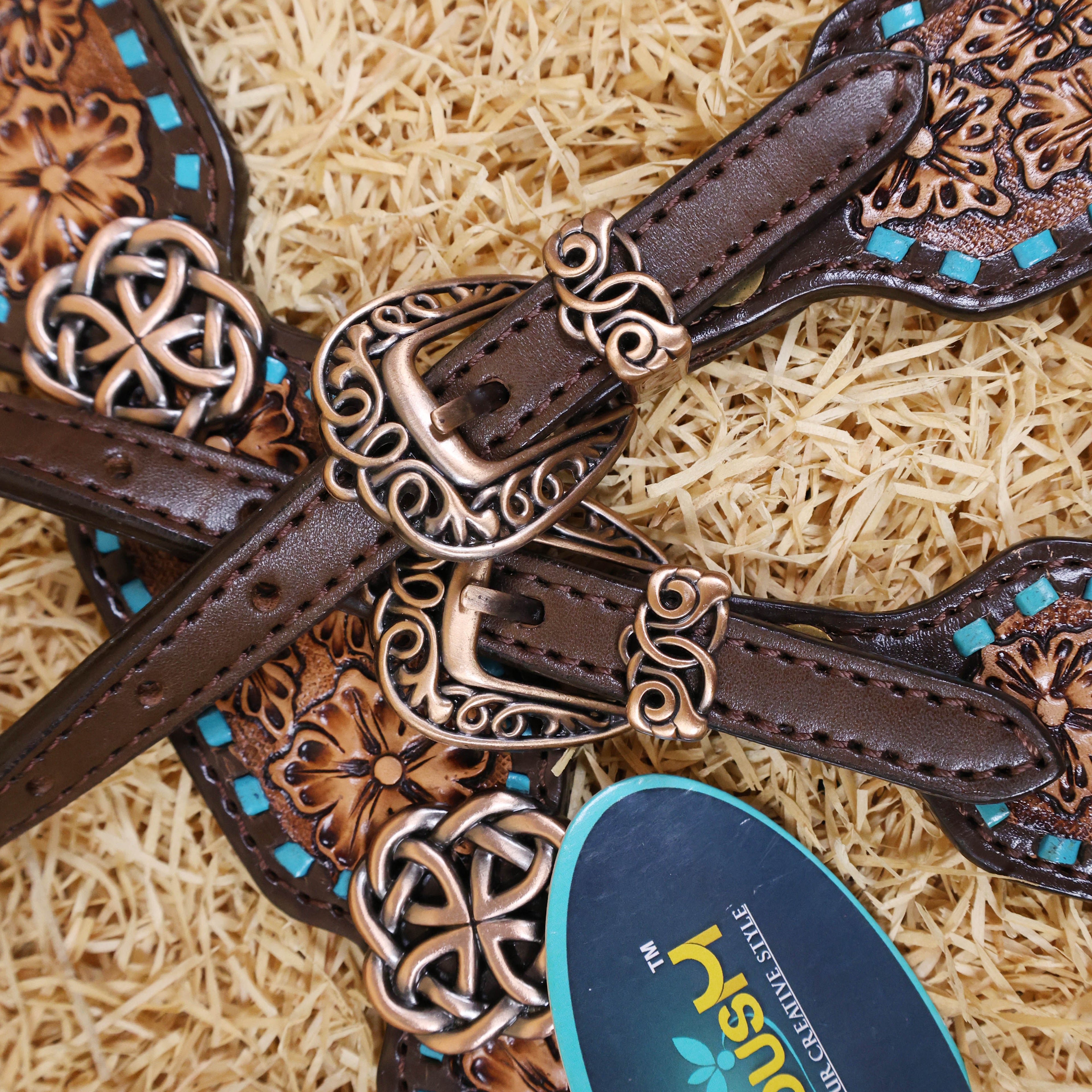 MOUSM Argentina Cow Leather Western Horse Tack Set - Breast Collar and Headstall Set Hand-Carved Flower Detail with Turquoise Buck Stitching