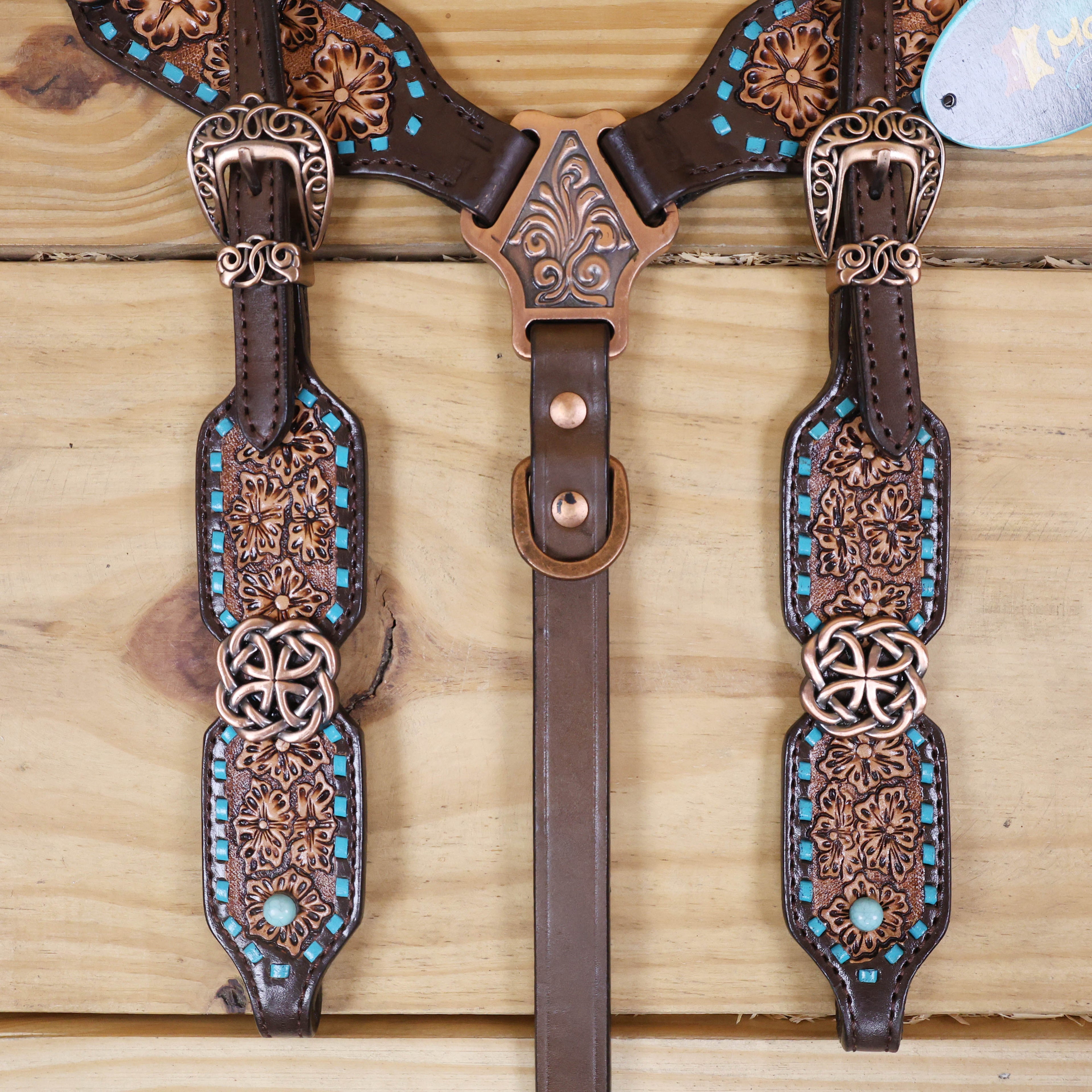 MOUSM Argentina Cow Leather Western Horse Tack Set - Breast Collar and Headstall Set Hand-Carved Flower Detail with Turquoise Buck Stitching