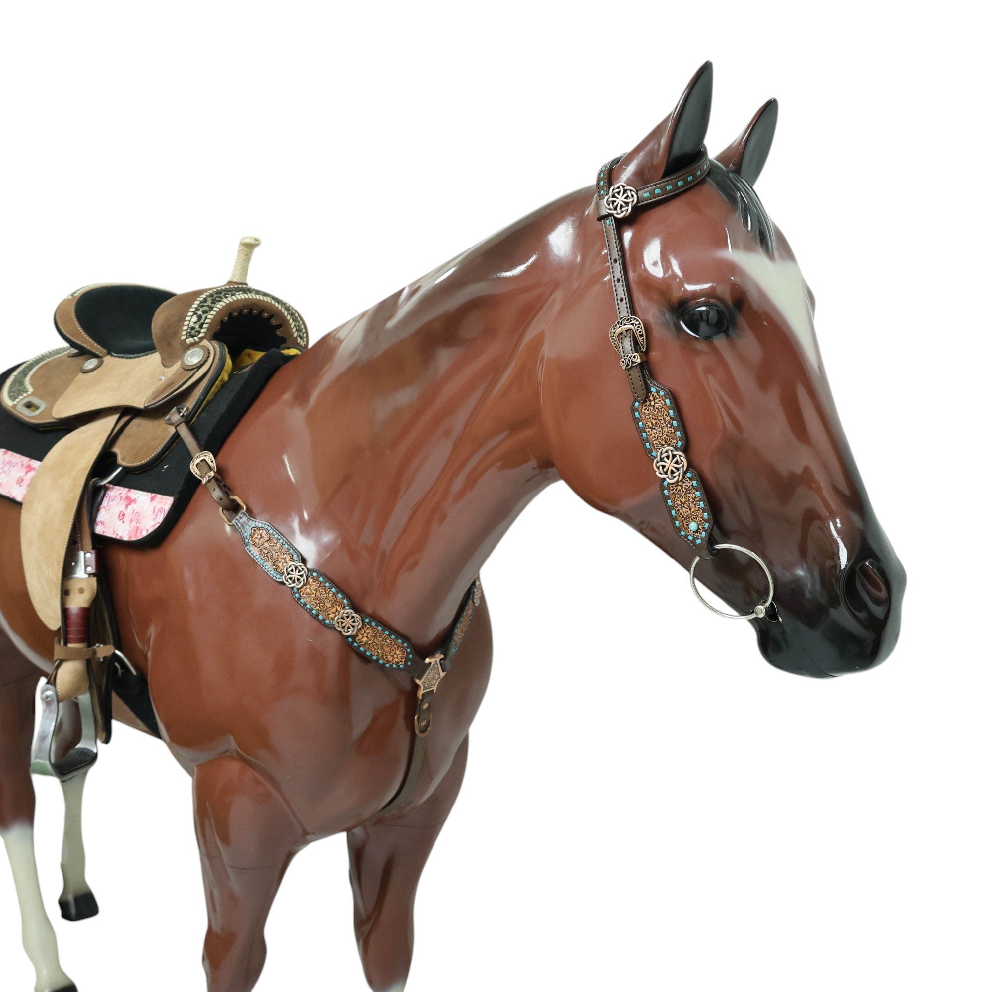 MOUSM Argentina Cow Leather Western Horse Tack Set - Breast Collar and Headstall Set Hand-Carved Flower Detail with Turquoise Buck Stitching