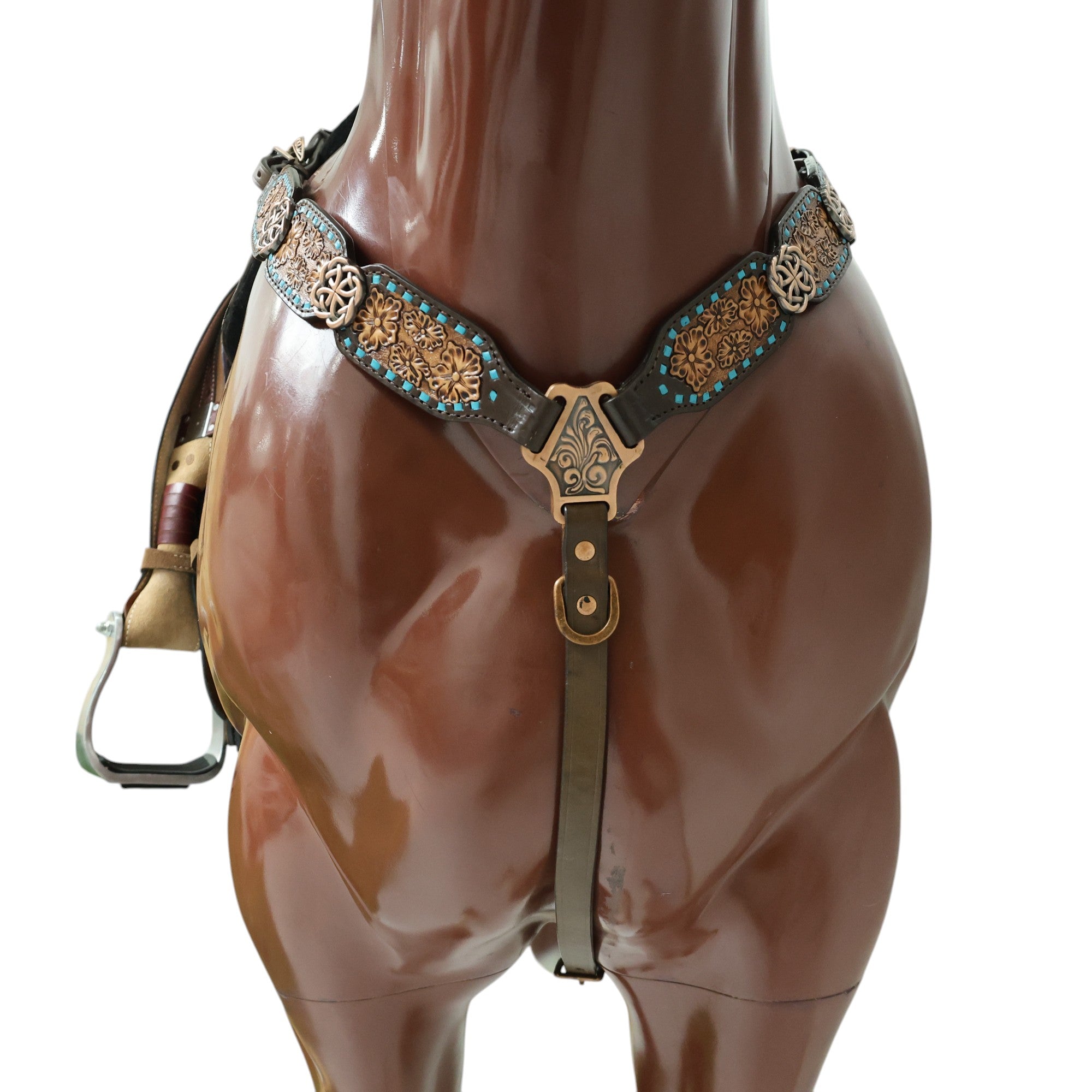 MOUSM Argentina Cow Leather Western Horse Tack Set - Breast Collar and Headstall Set Hand-Carved Flower Detail with Turquoise Buck Stitching