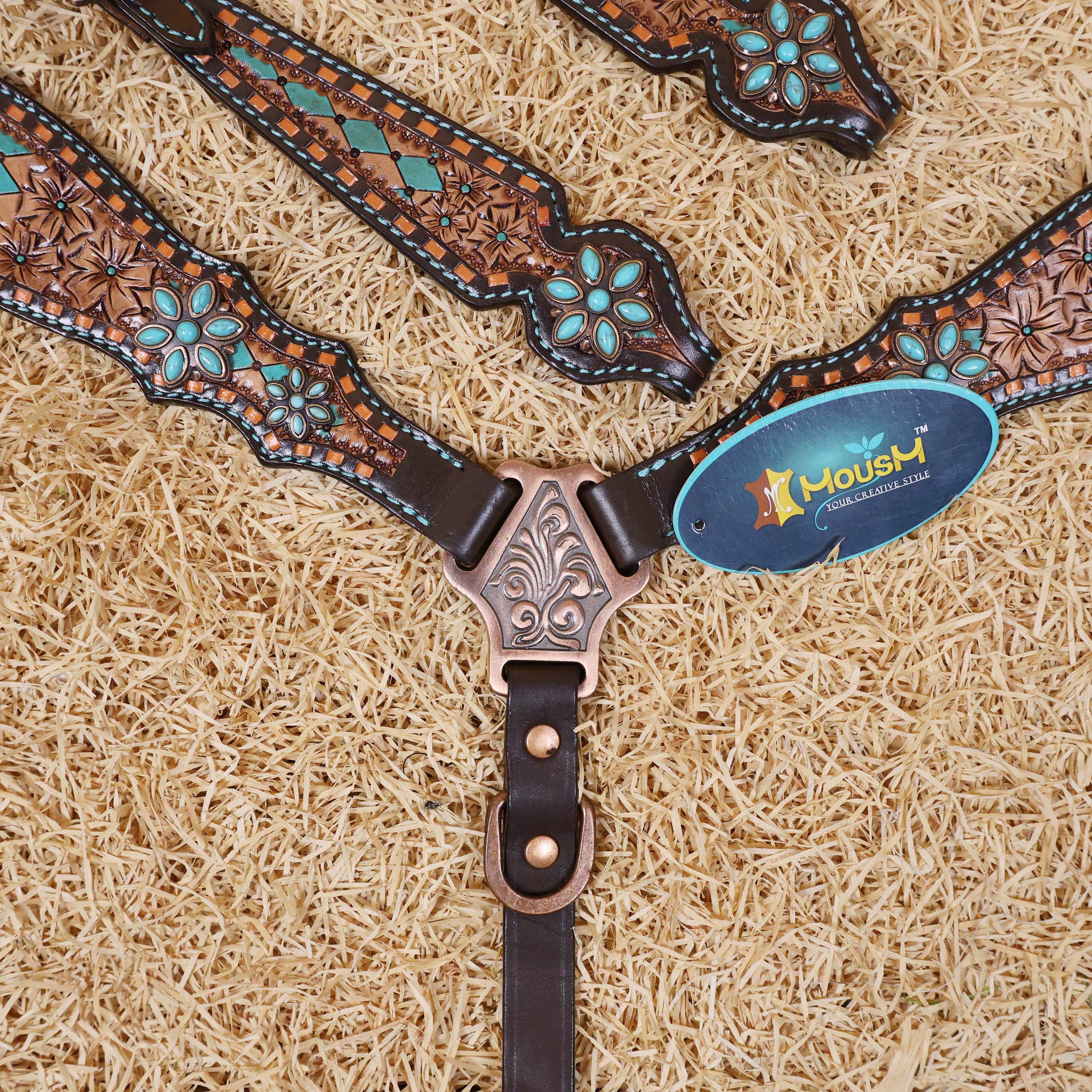 MOUSM Argentina Cow Leather Western Tack Set, Western Headstall & Breast Collar Set Hand-Painted Floral & Geometric Detailing