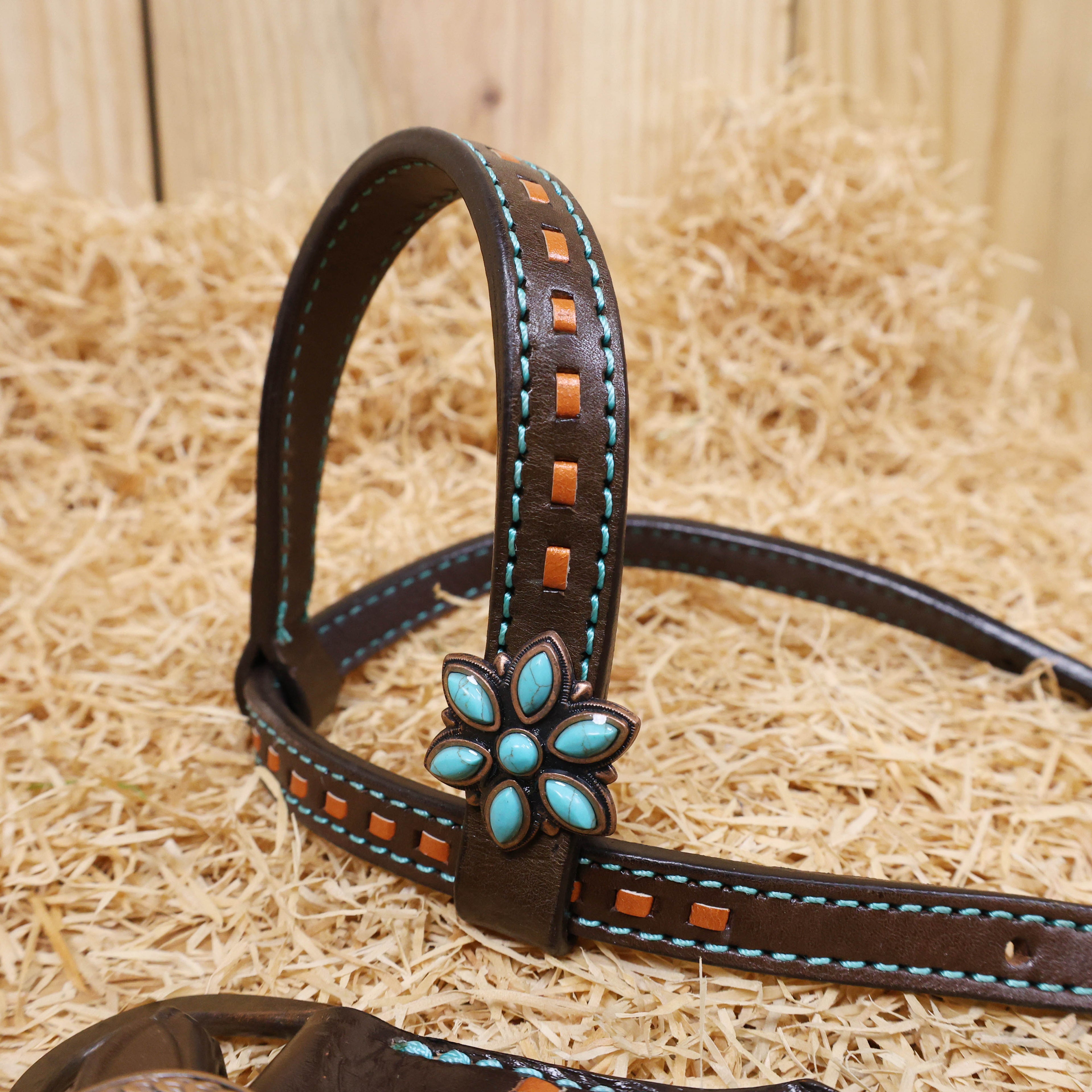 MOUSM Argentina Cow Leather Western Tack Set, Western Headstall & Breast Collar Set Hand-Painted Floral & Geometric Detailing