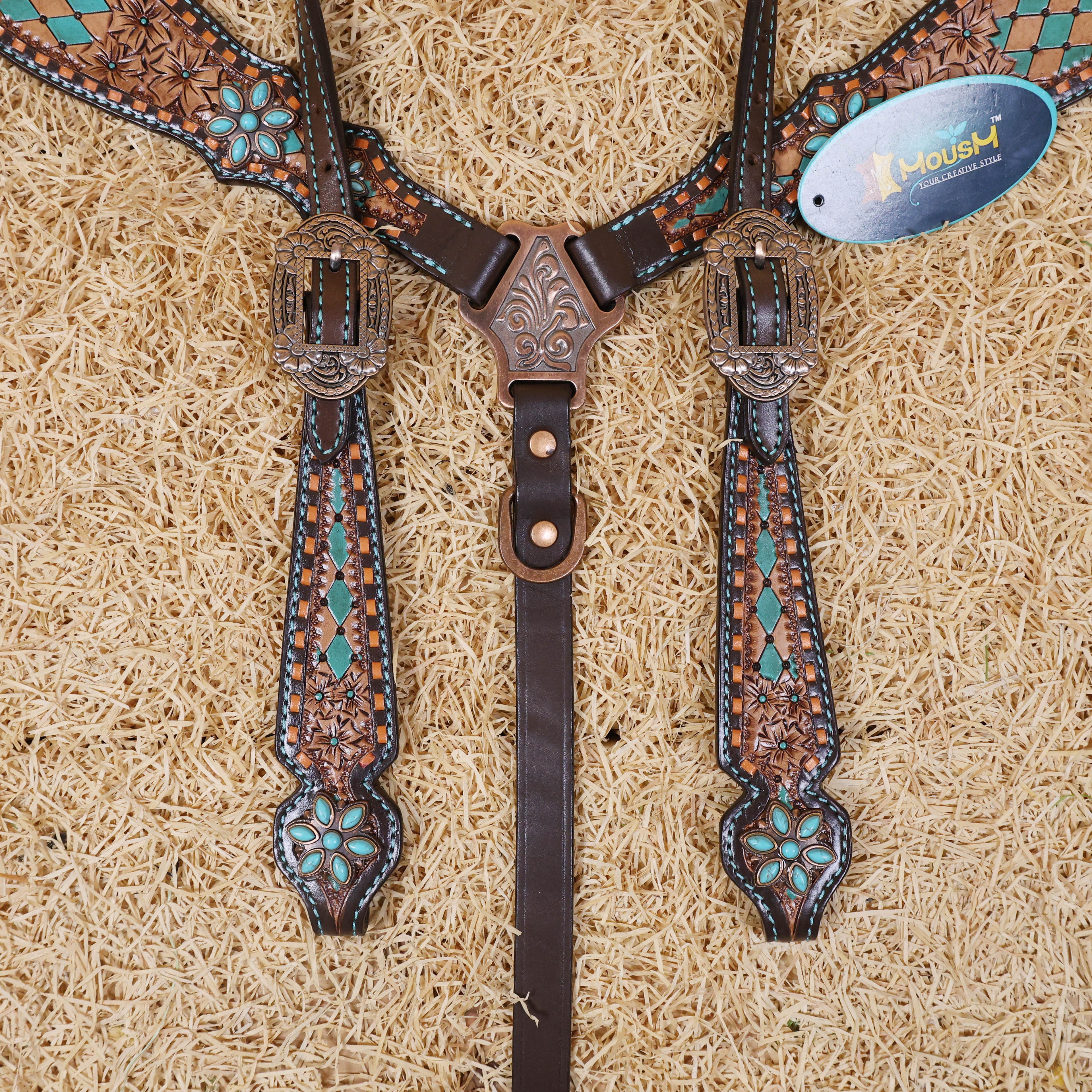MOUSM Argentina Cow Leather Western Tack Set, Western Headstall & Breast Collar Set Hand-Painted Floral & Geometric Detailing