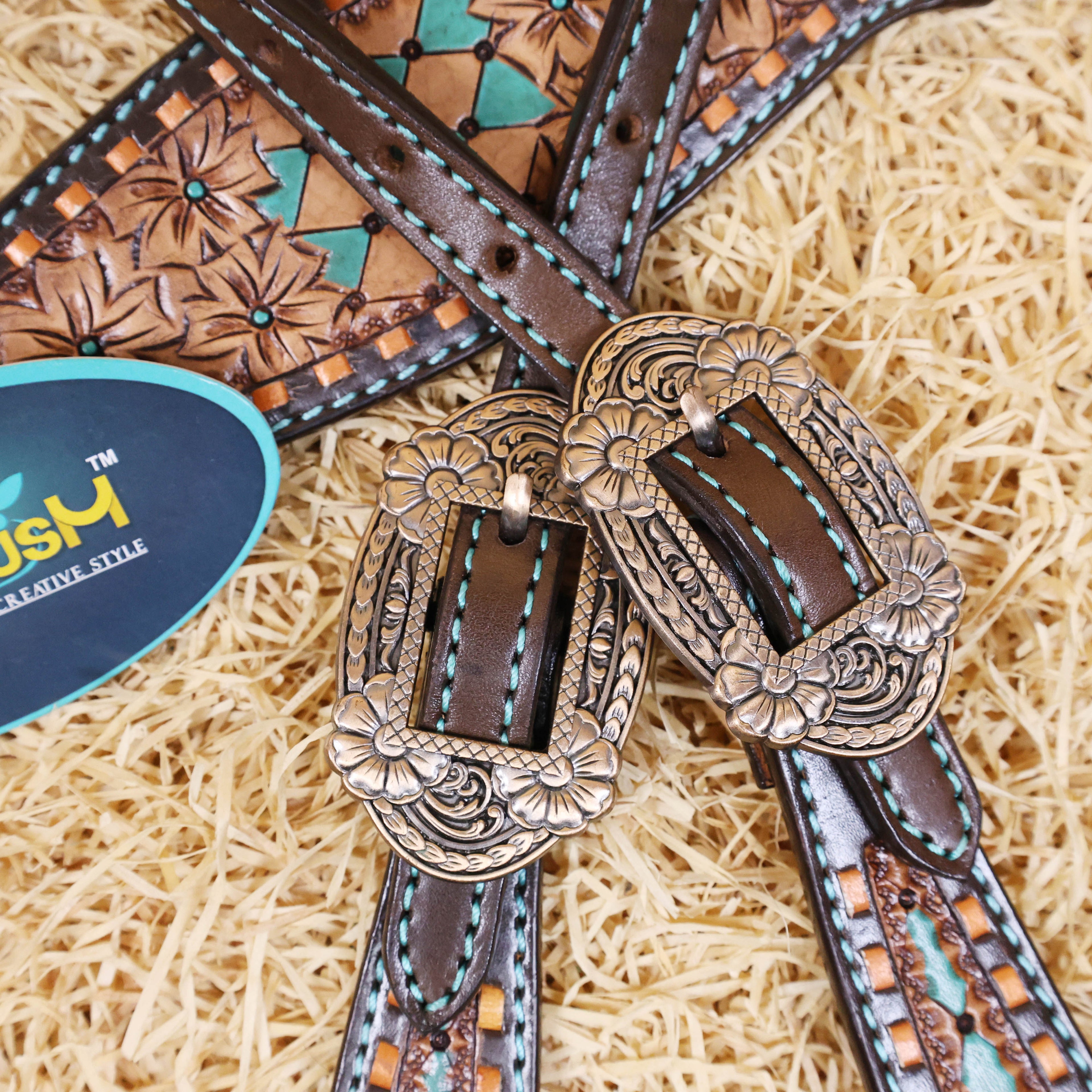 MOUSM Argentina Cow Leather Western Tack Set, Western Headstall & Breast Collar Set Hand-Painted Floral & Geometric Detailing