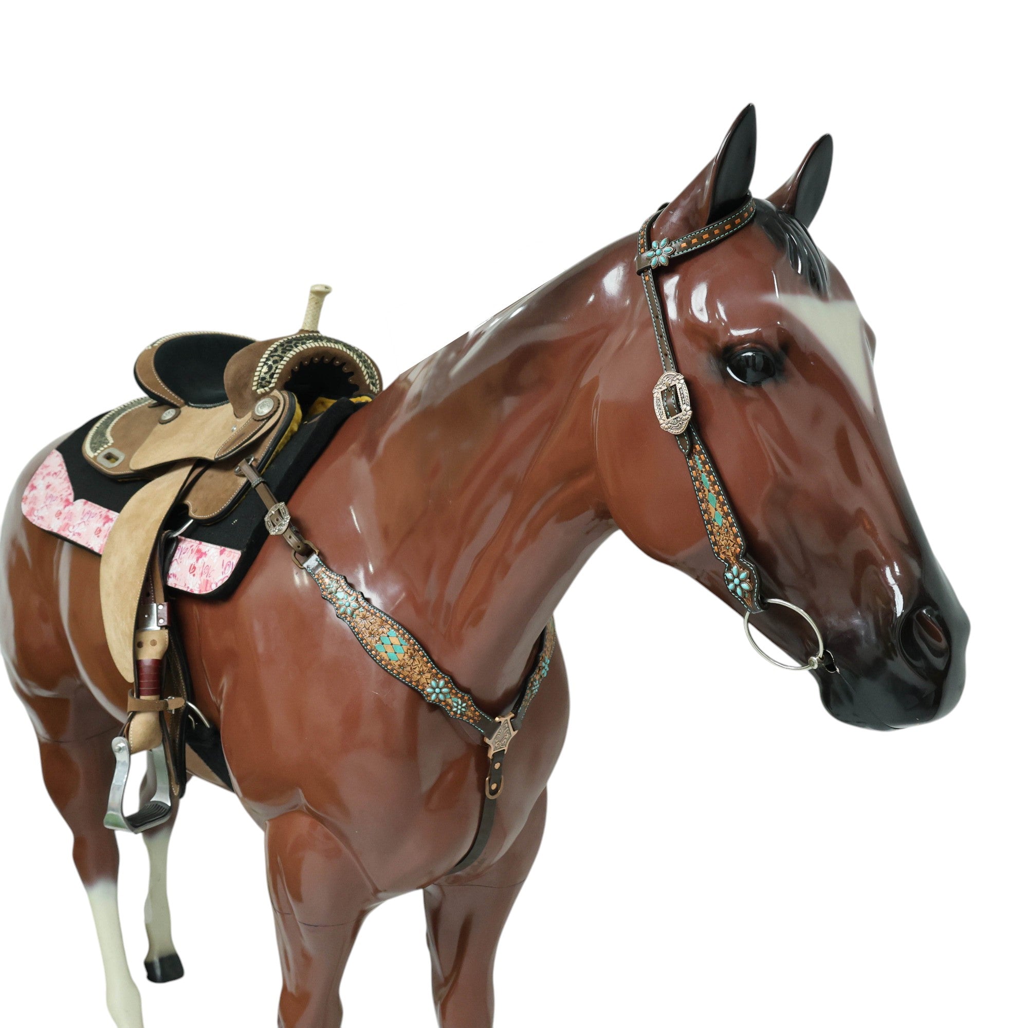 MOUSM Argentina Cow Leather Western Tack Set, Western Headstall & Breast Collar Set Hand-Painted Floral & Geometric Detailing