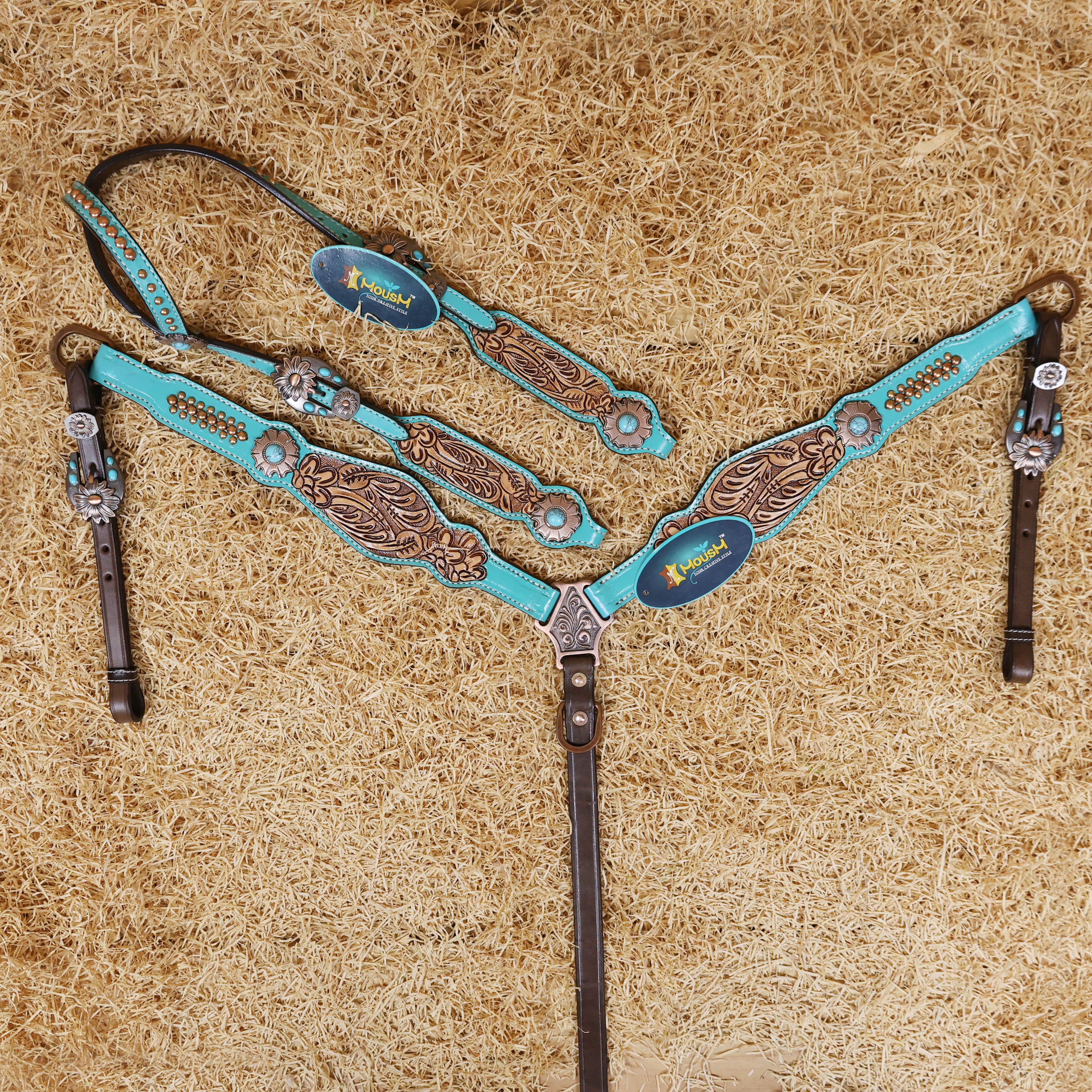 MOUSM Headstall and Breast Collar Set - Made with Argentina Cow Leather, Western Horse Tack with Flower-Shaped Conchos and Buckle Decorated with Turquoise Stone