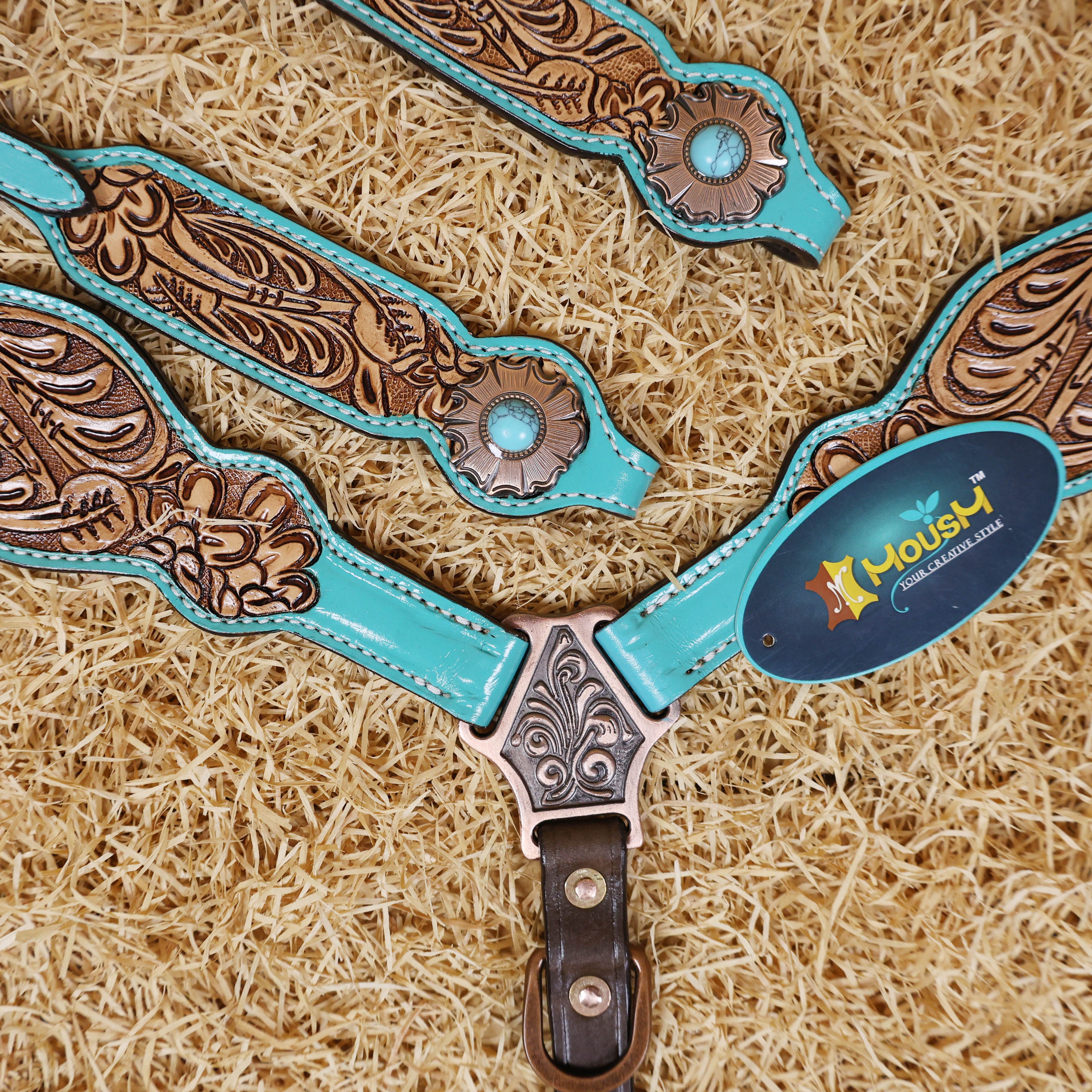 MOUSM Headstall and Breast Collar Set - Made with Argentina Cow Leather, Western Horse Tack with Flower-Shaped Conchos and Buckle Decorated with Turquoise Stone