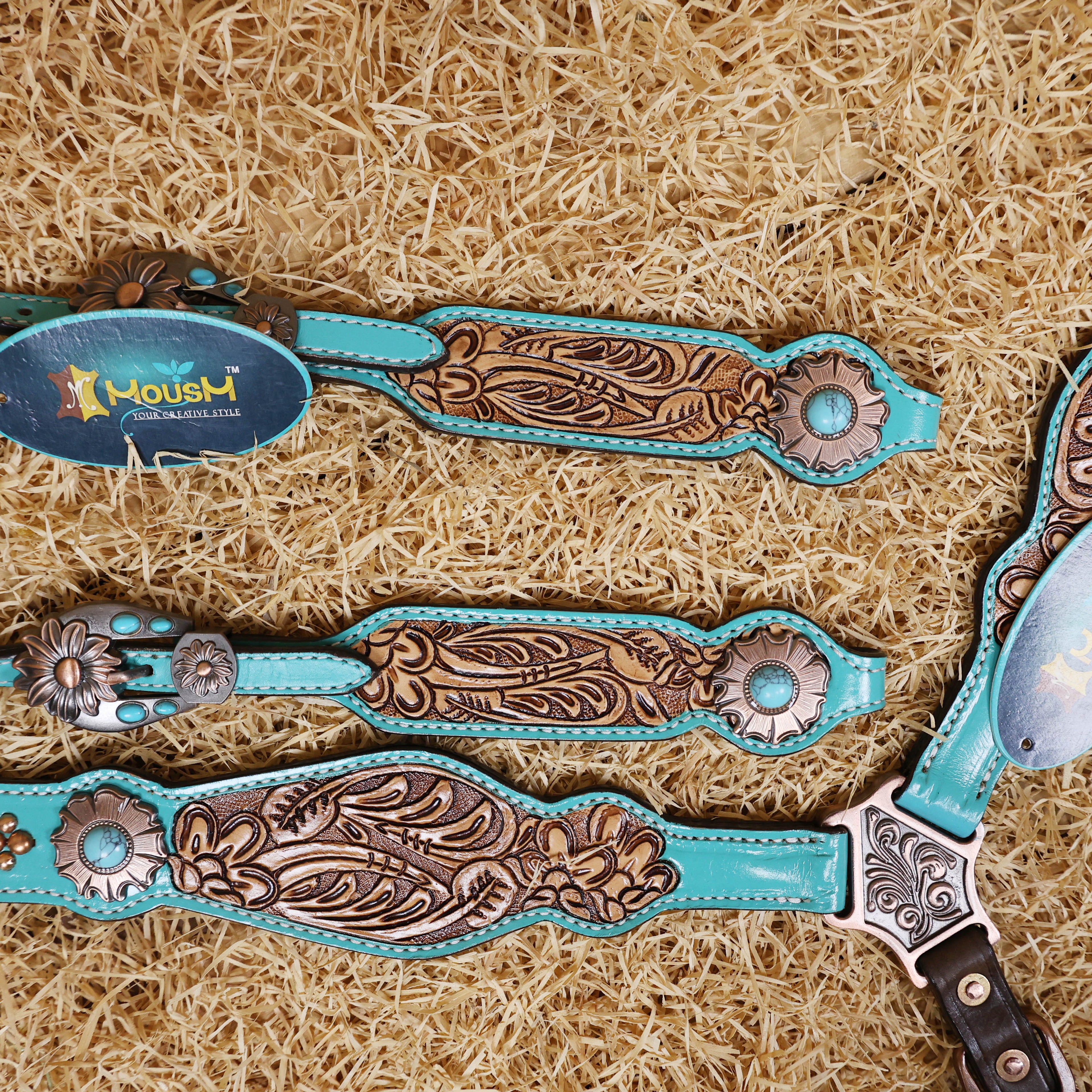 MOUSM Headstall and Breast Collar Set - Made with Argentina Cow Leather, Western Horse Tack with Flower-Shaped Conchos and Buckle Decorated with Turquoise Stone
