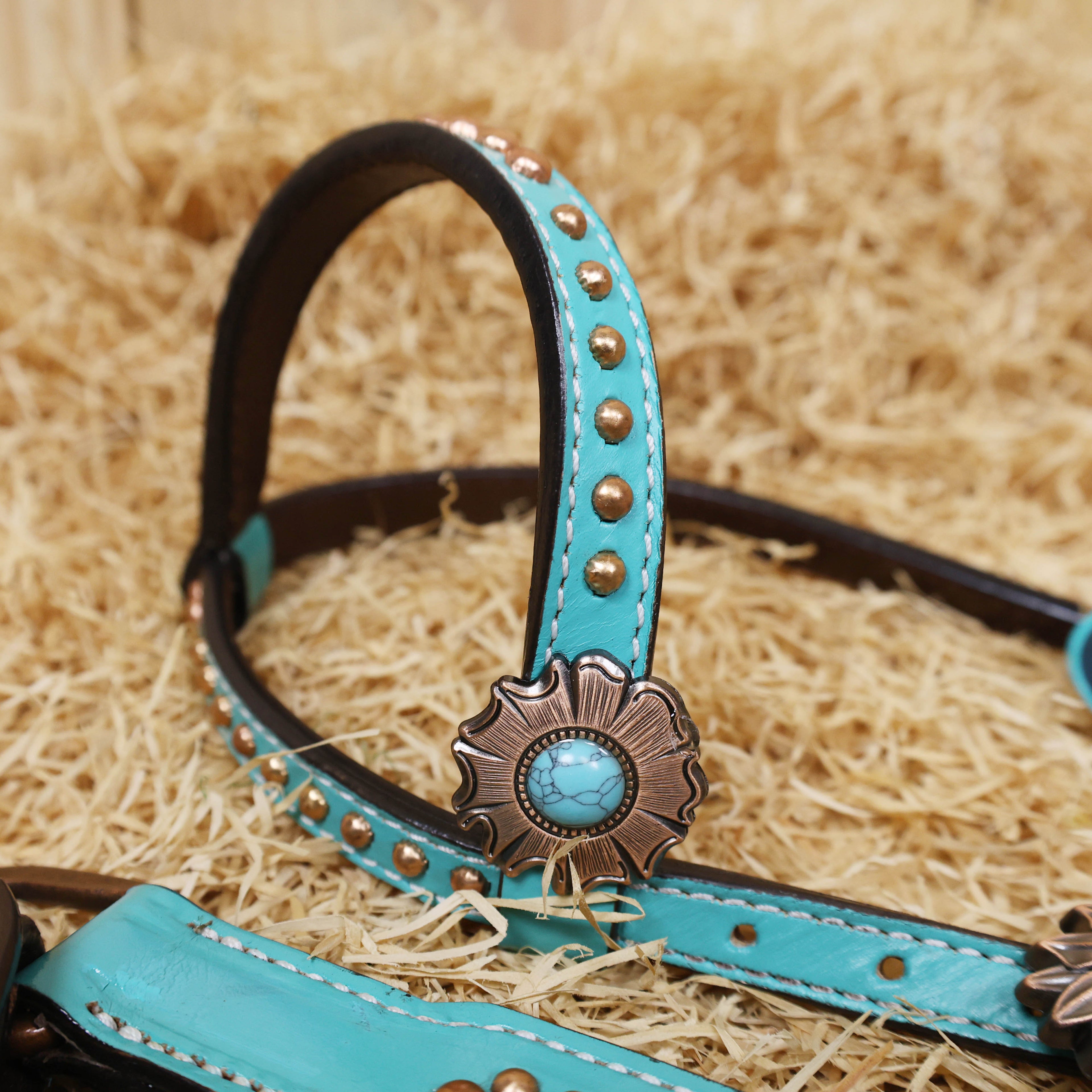MOUSM Headstall and Breast Collar Set - Made with Argentina Cow Leather, Western Horse Tack with Flower-Shaped Conchos and Buckle Decorated with Turquoise Stone