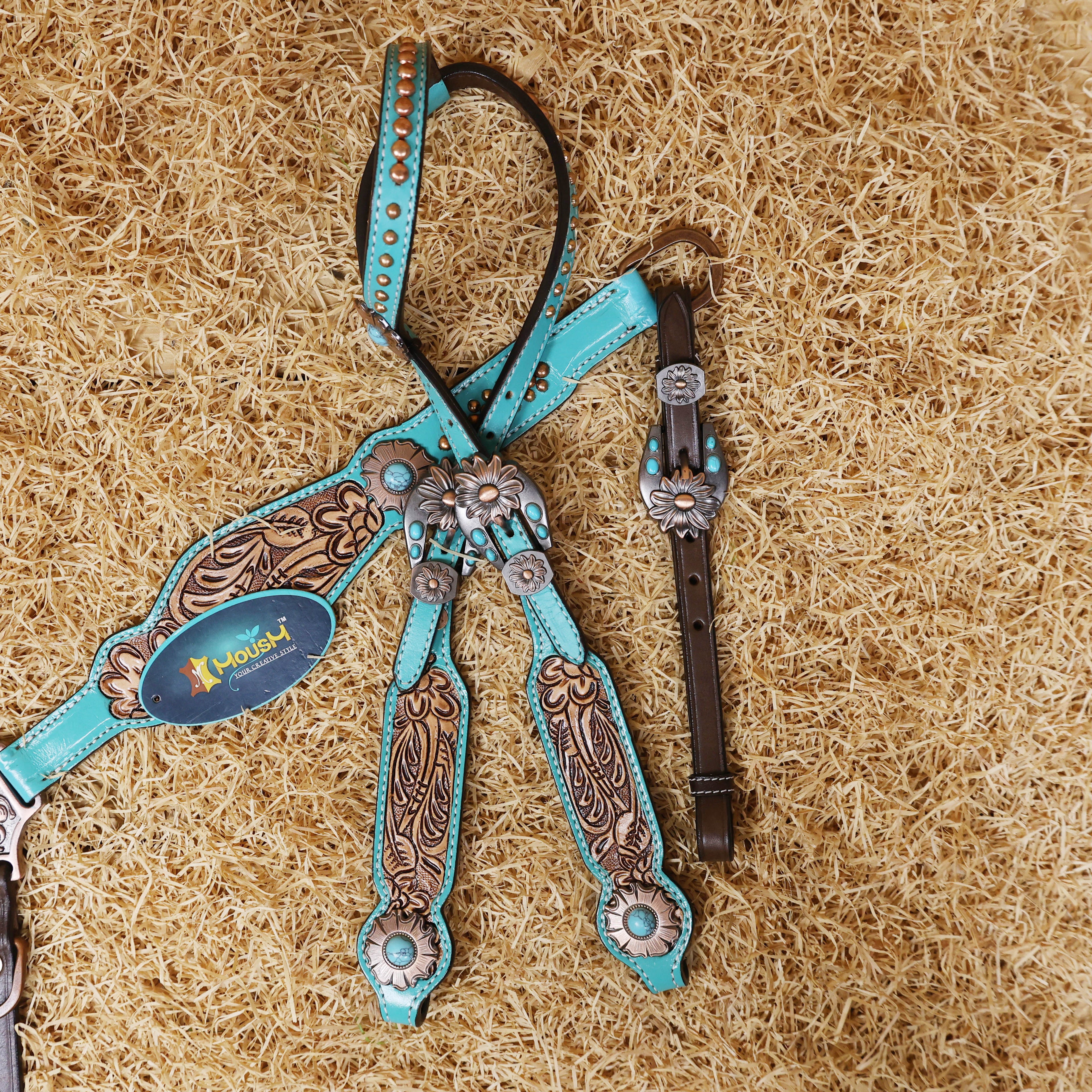 MOUSM Headstall and Breast Collar Set - Made with Argentina Cow Leather, Western Horse Tack with Flower-Shaped Conchos and Buckle Decorated with Turquoise Stone