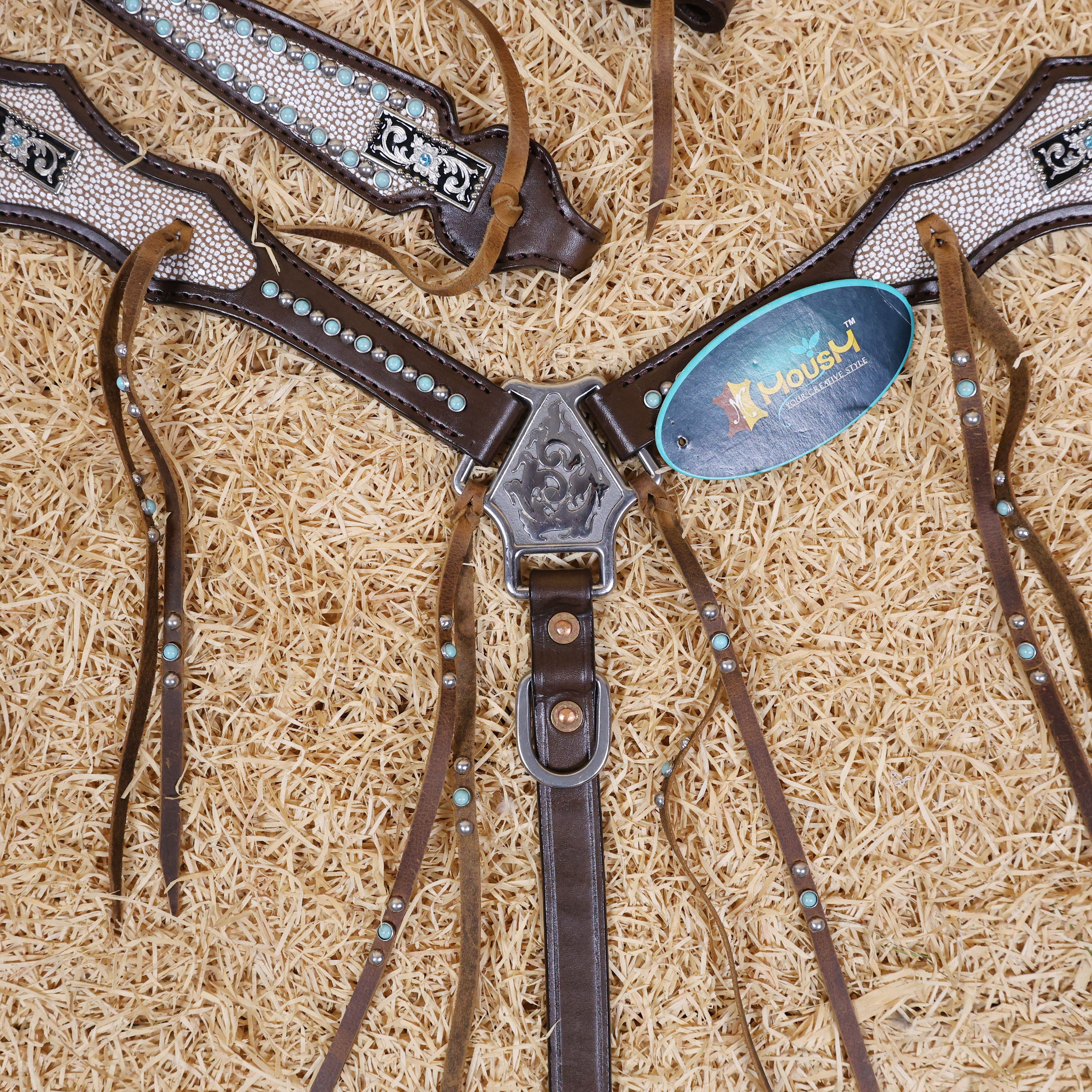 MOUSM Genuine Cow Hide Leather Fringe Headstall & Breast Collar Set for Horse, Western Horse Tack Set with Antique Copper Conchos, Turquoise and Nickel Studs