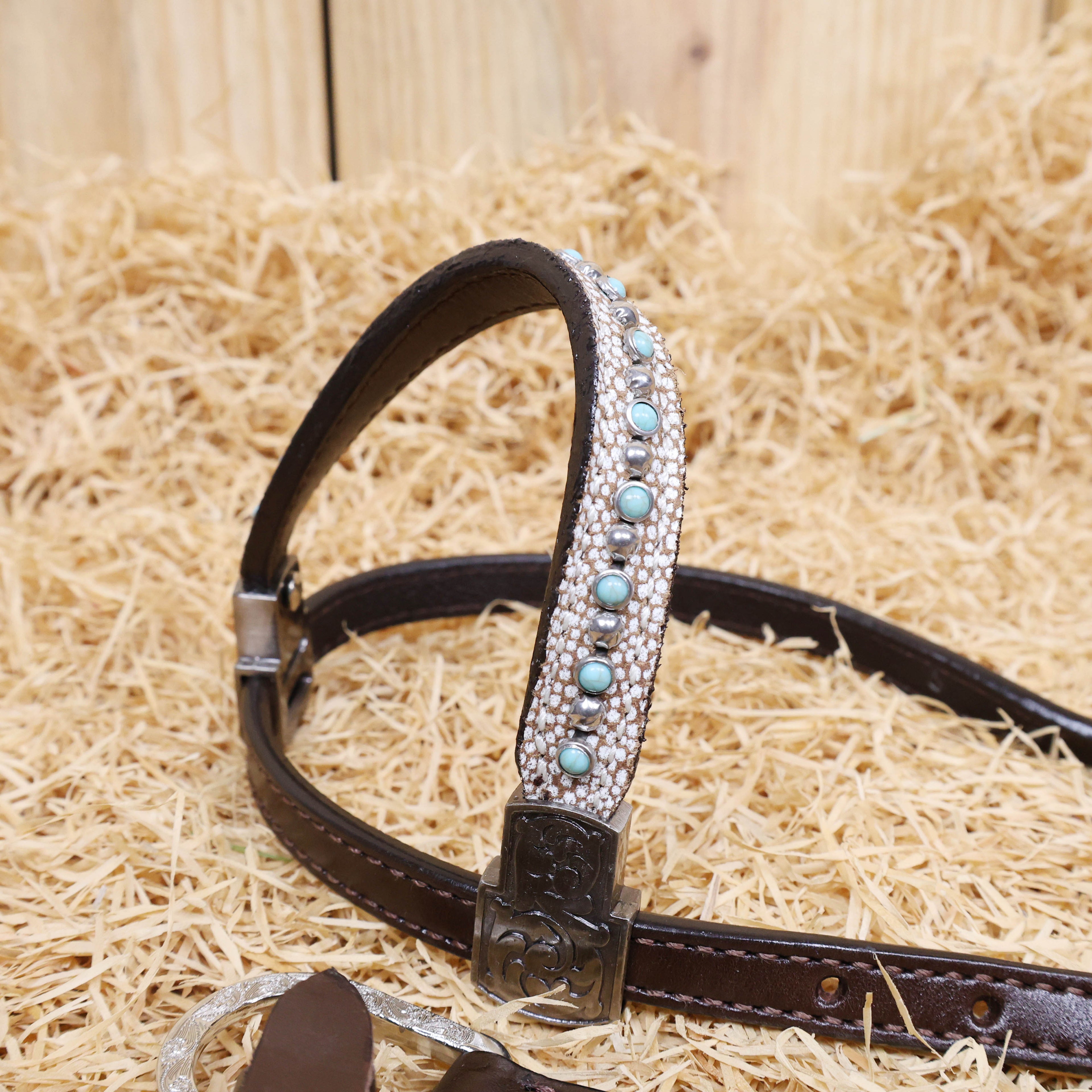 MOUSM Genuine Cow Hide Leather Fringe Headstall & Breast Collar Set for Horse, Western Horse Tack Set with Antique Copper Conchos, Turquoise and Nickel Studs