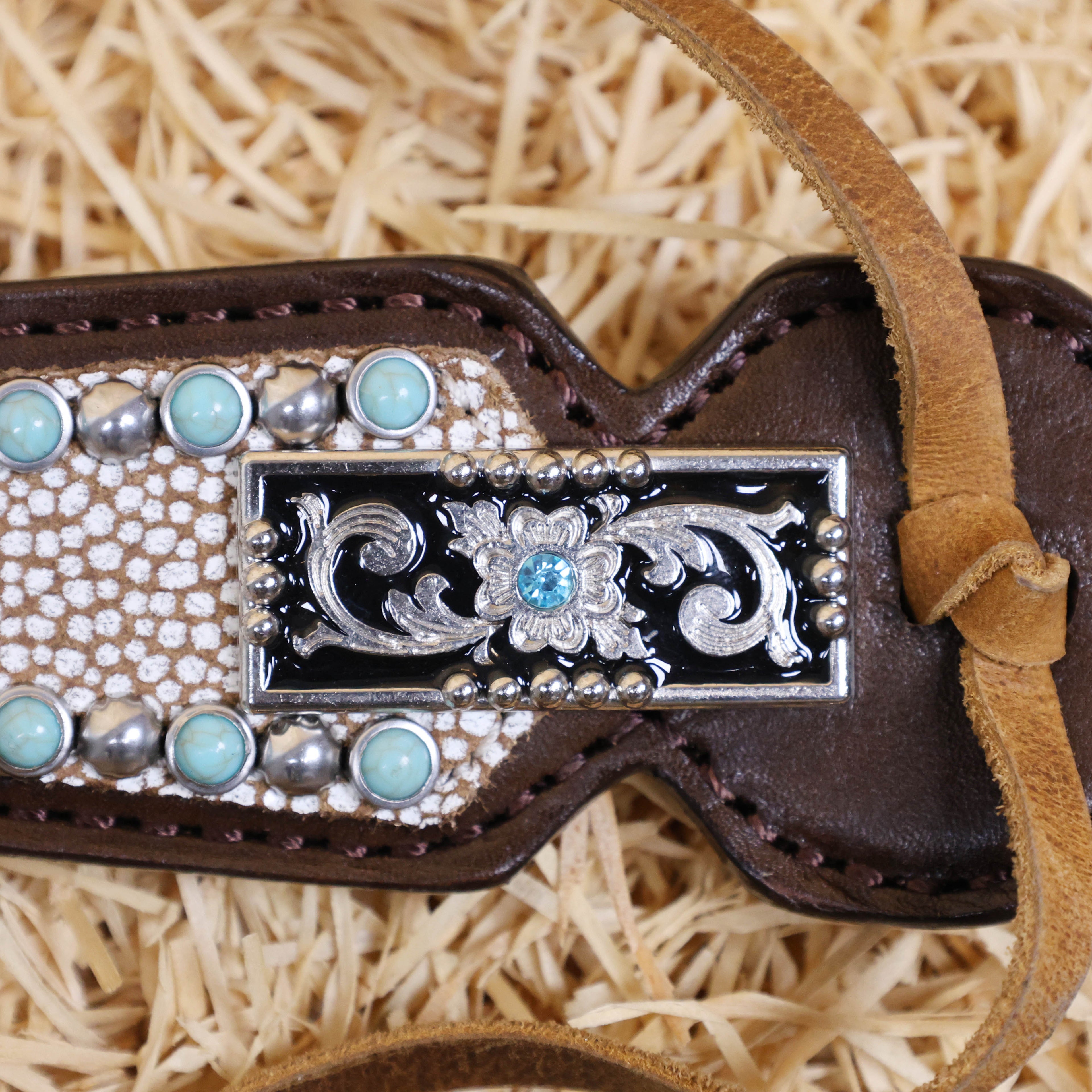 MOUSM Genuine Cow Hide Leather Fringe Headstall & Breast Collar Set for Horse, Western Horse Tack Set with Antique Copper Conchos, Turquoise and Nickel Studs