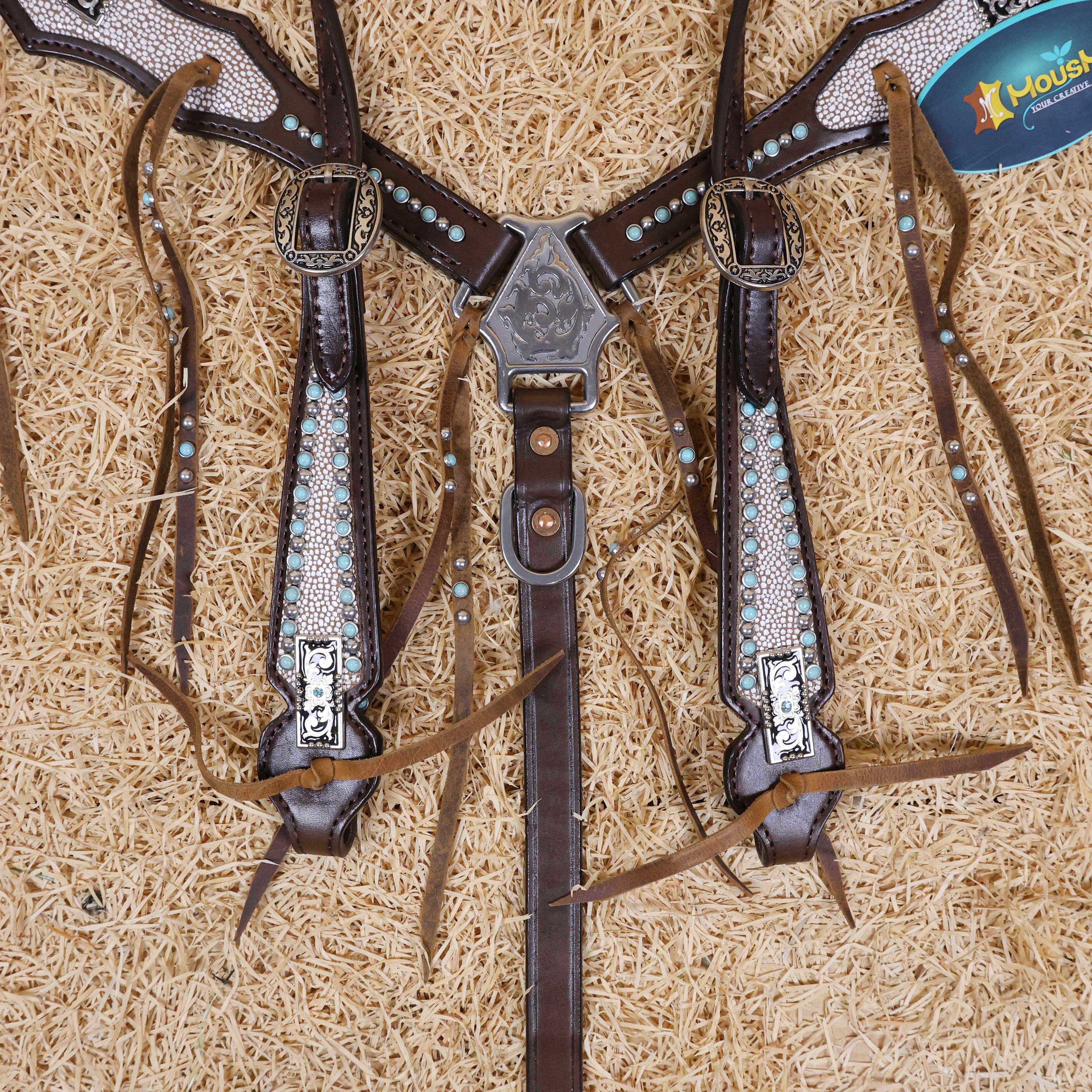 MOUSM Genuine Cow Hide Leather Fringe Headstall & Breast Collar Set for Horse, Western Horse Tack Set with Antique Copper Conchos, Turquoise and Nickel Studs