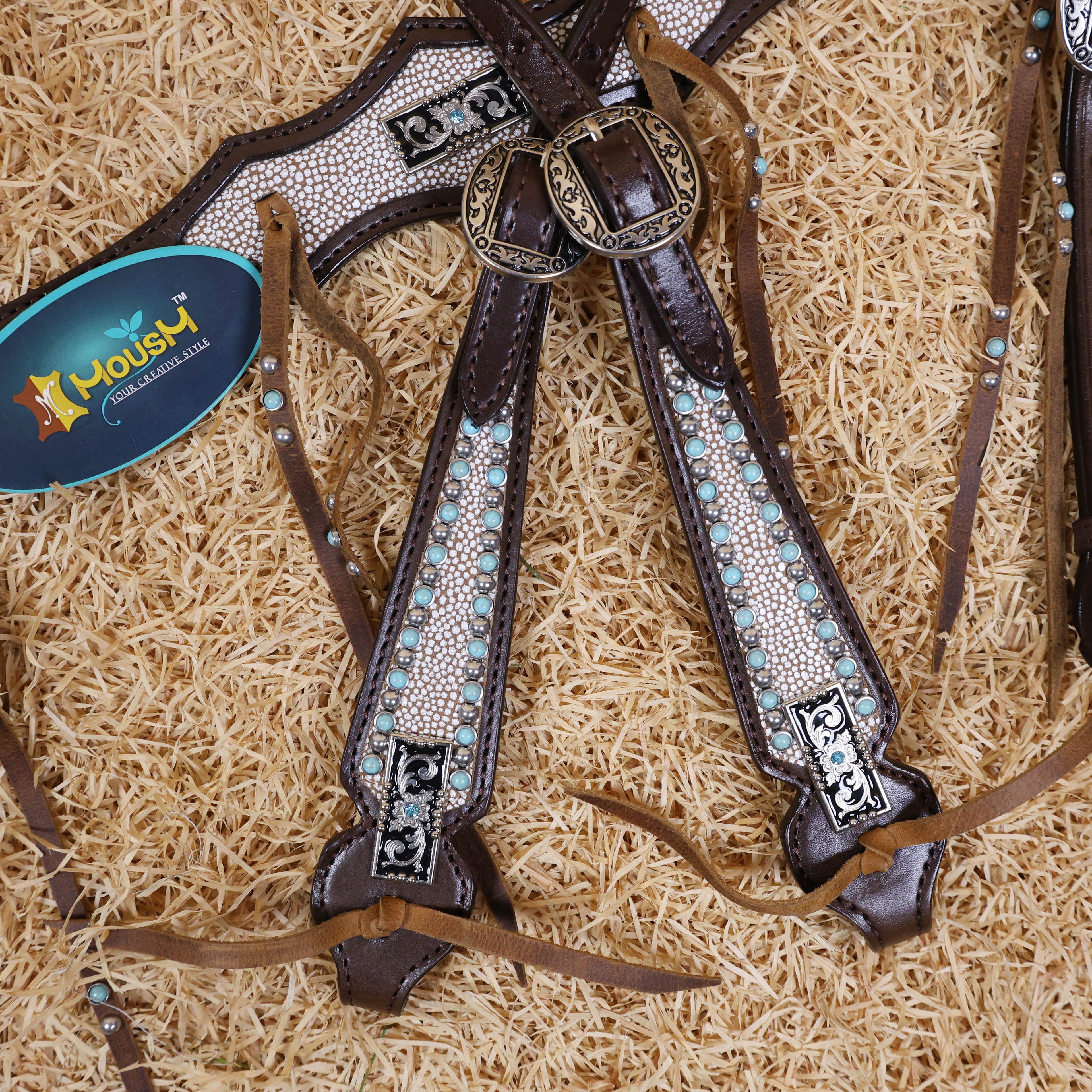 MOUSM Genuine Cow Hide Leather Fringe Headstall & Breast Collar Set for Horse, Western Horse Tack Set with Antique Copper Conchos, Turquoise and Nickel Studs