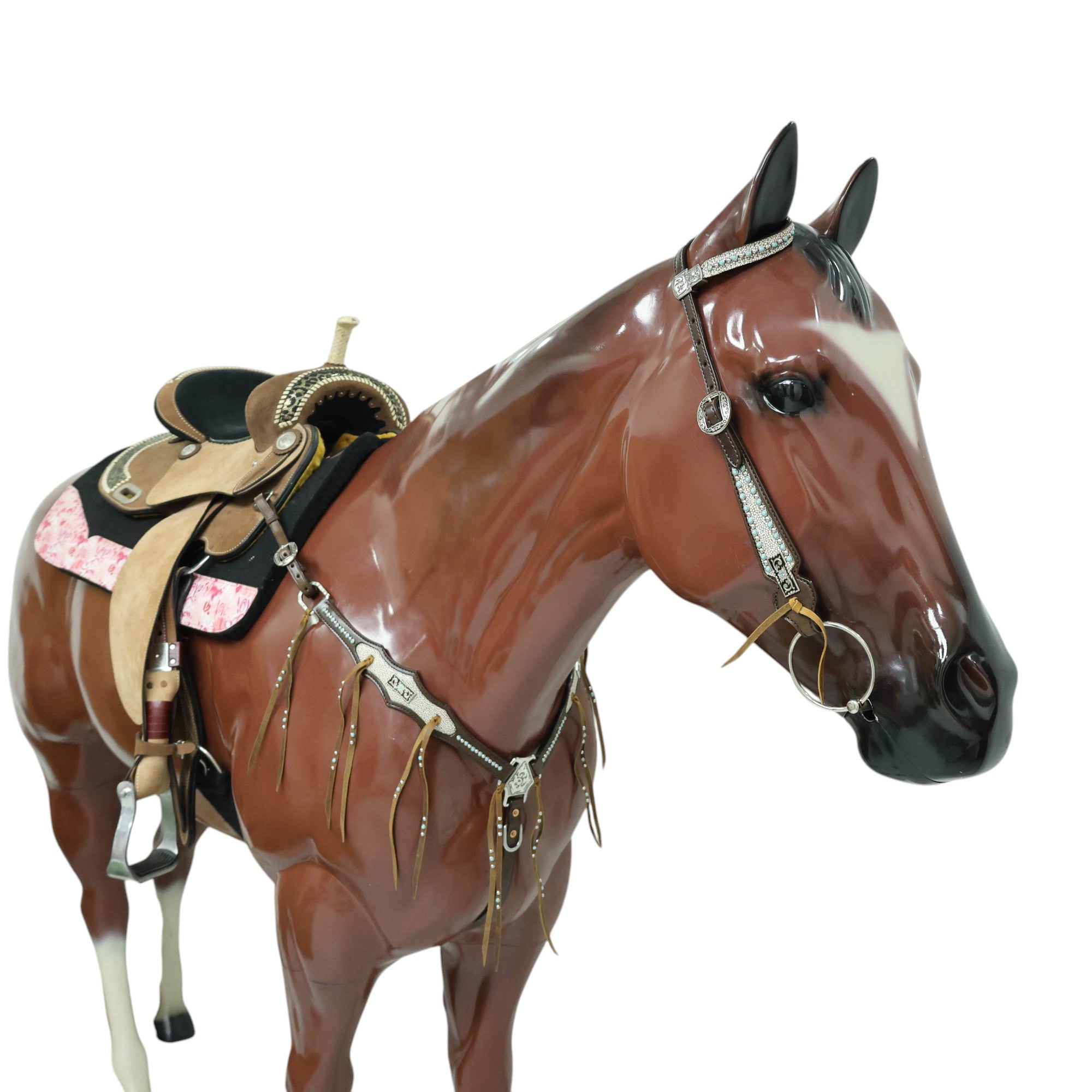 MOUSM Genuine Cow Hide Leather Fringe Headstall & Breast Collar Set for Horse, Western Horse Tack Set with Antique Copper Conchos, Turquoise and Nickel Studs