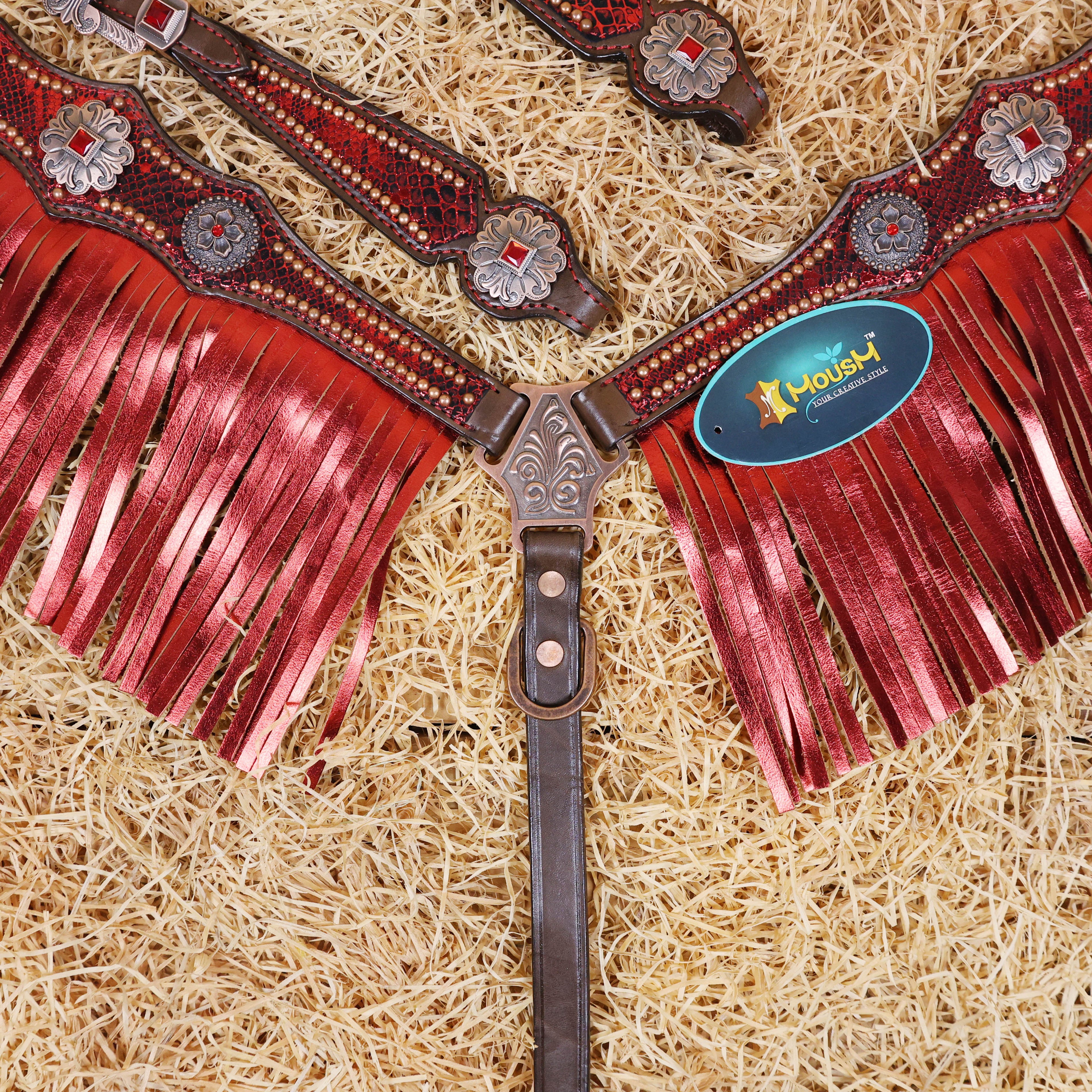 MOUSM Argentina Cow Leather Headstall & Breast Collar Set – Western Horse Tack with Red Metallic Snake Print and Fringe, Antique Brass Hardware