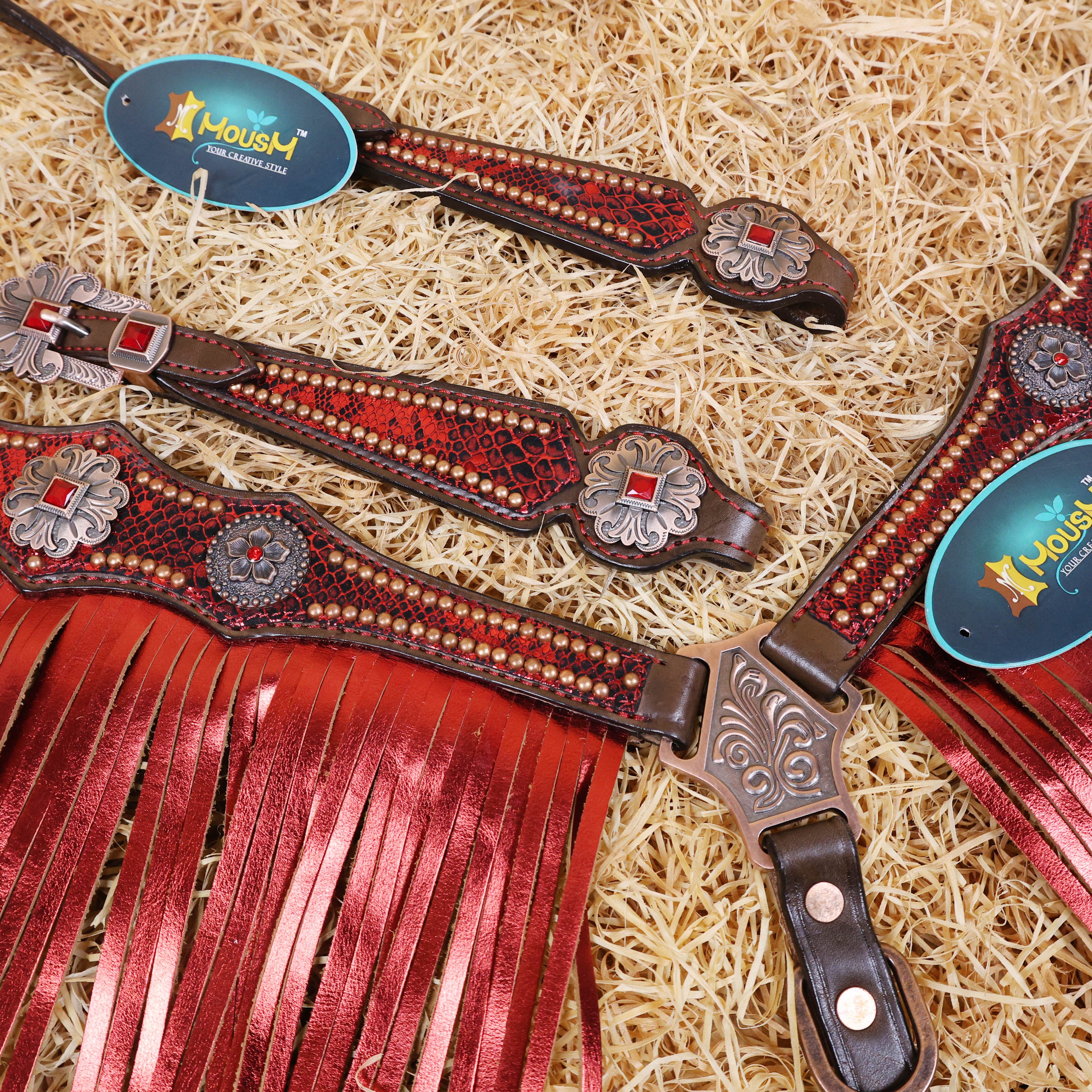 MOUSM Argentina Cow Leather Headstall & Breast Collar Set – Western Horse Tack with Red Metallic Snake Print and Fringe, Antique Brass Hardware