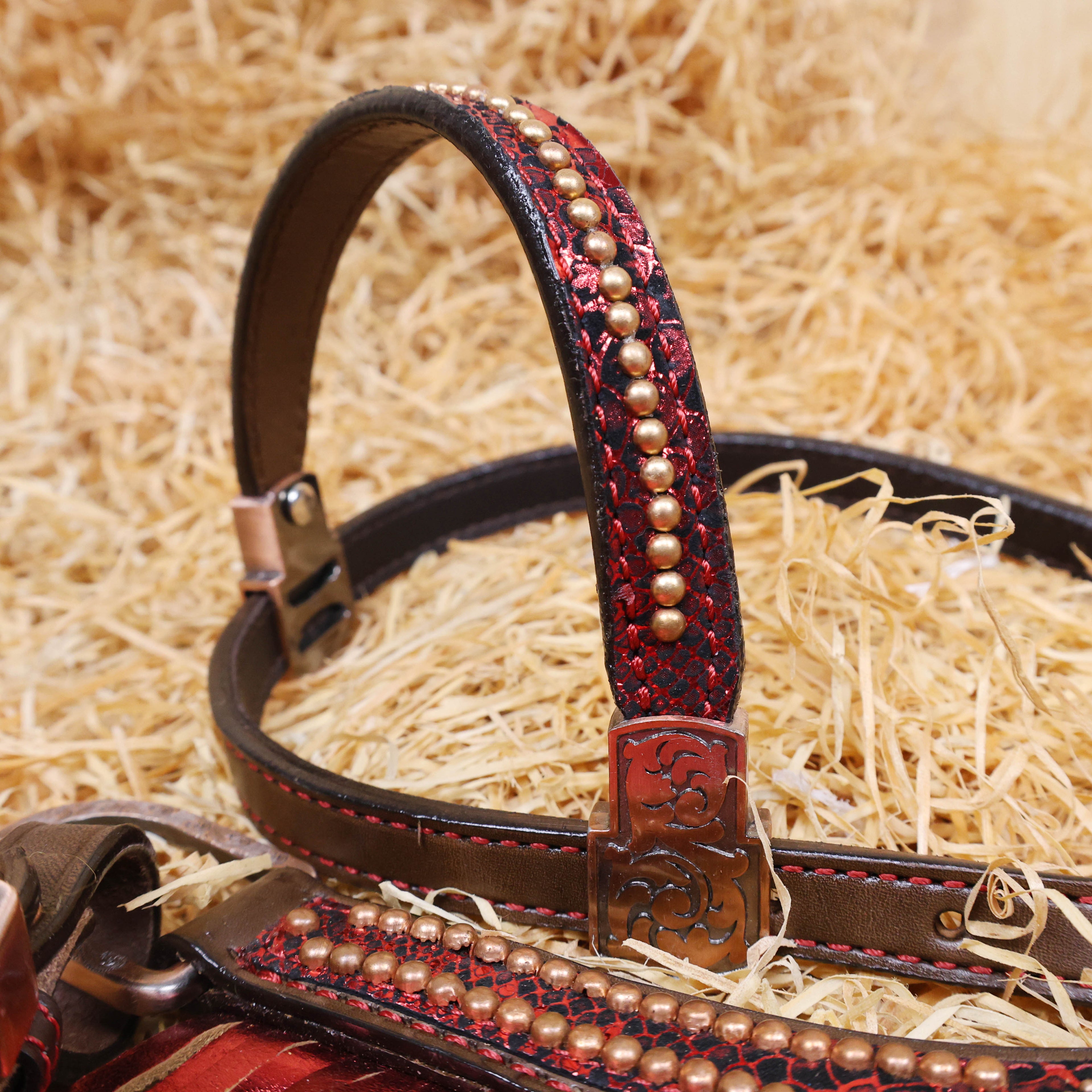 MOUSM Argentina Cow Leather Headstall & Breast Collar Set – Western Horse Tack with Red Metallic Snake Print and Fringe, Antique Brass Hardware