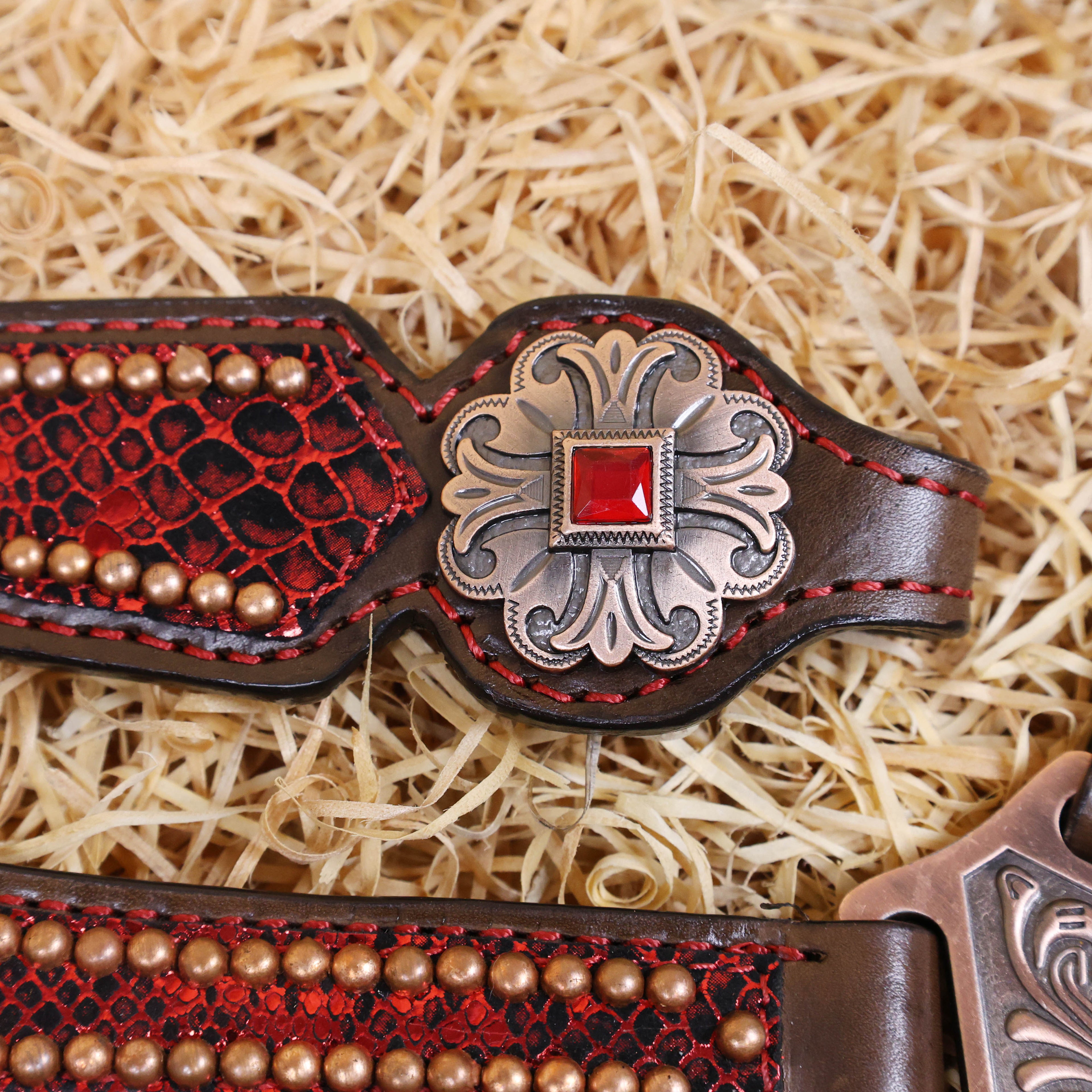 MOUSM Argentina Cow Leather Headstall & Breast Collar Set – Western Horse Tack with Red Metallic Snake Print and Fringe, Antique Brass Hardware