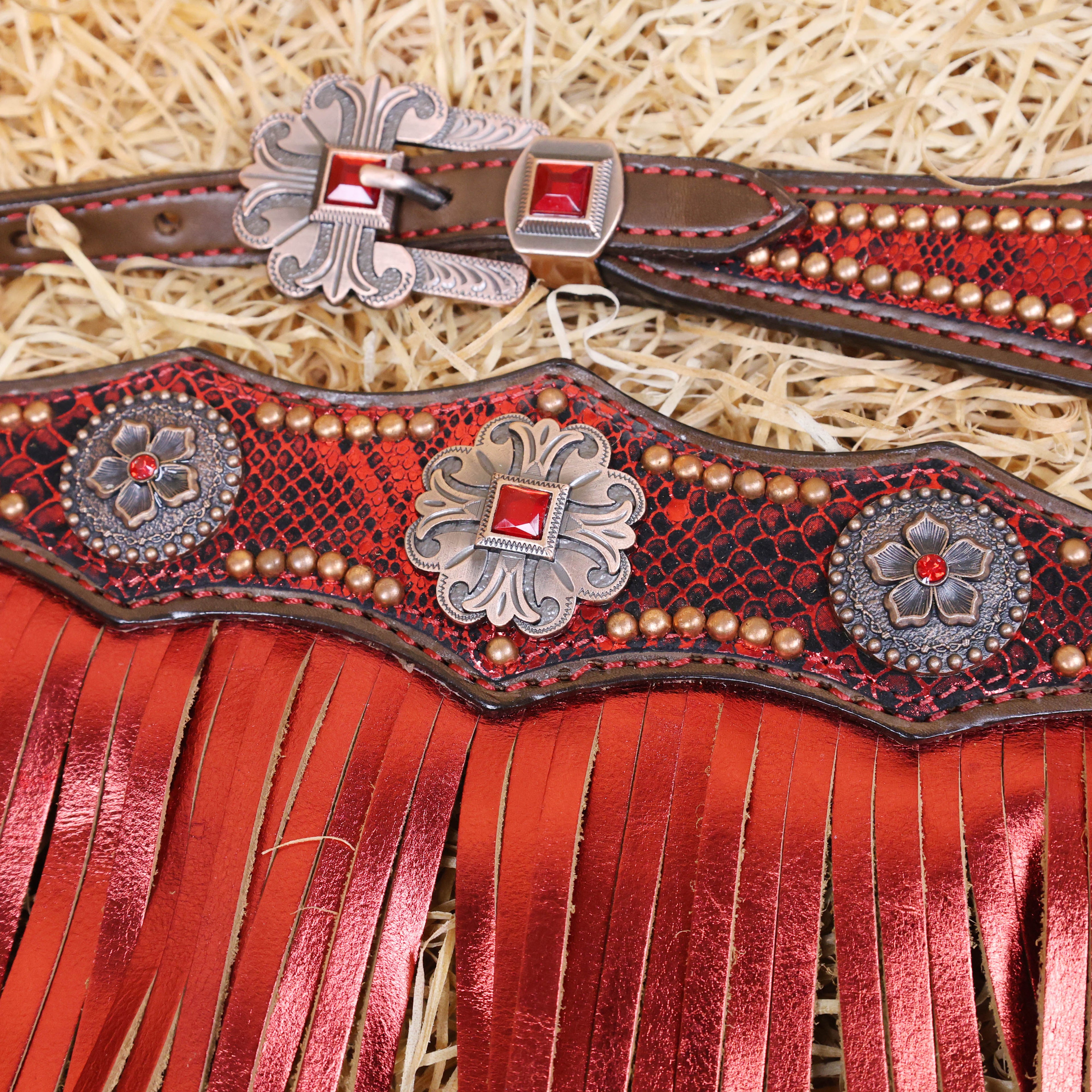 MOUSM Argentina Cow Leather Headstall & Breast Collar Set – Western Horse Tack with Red Metallic Snake Print and Fringe, Antique Brass Hardware