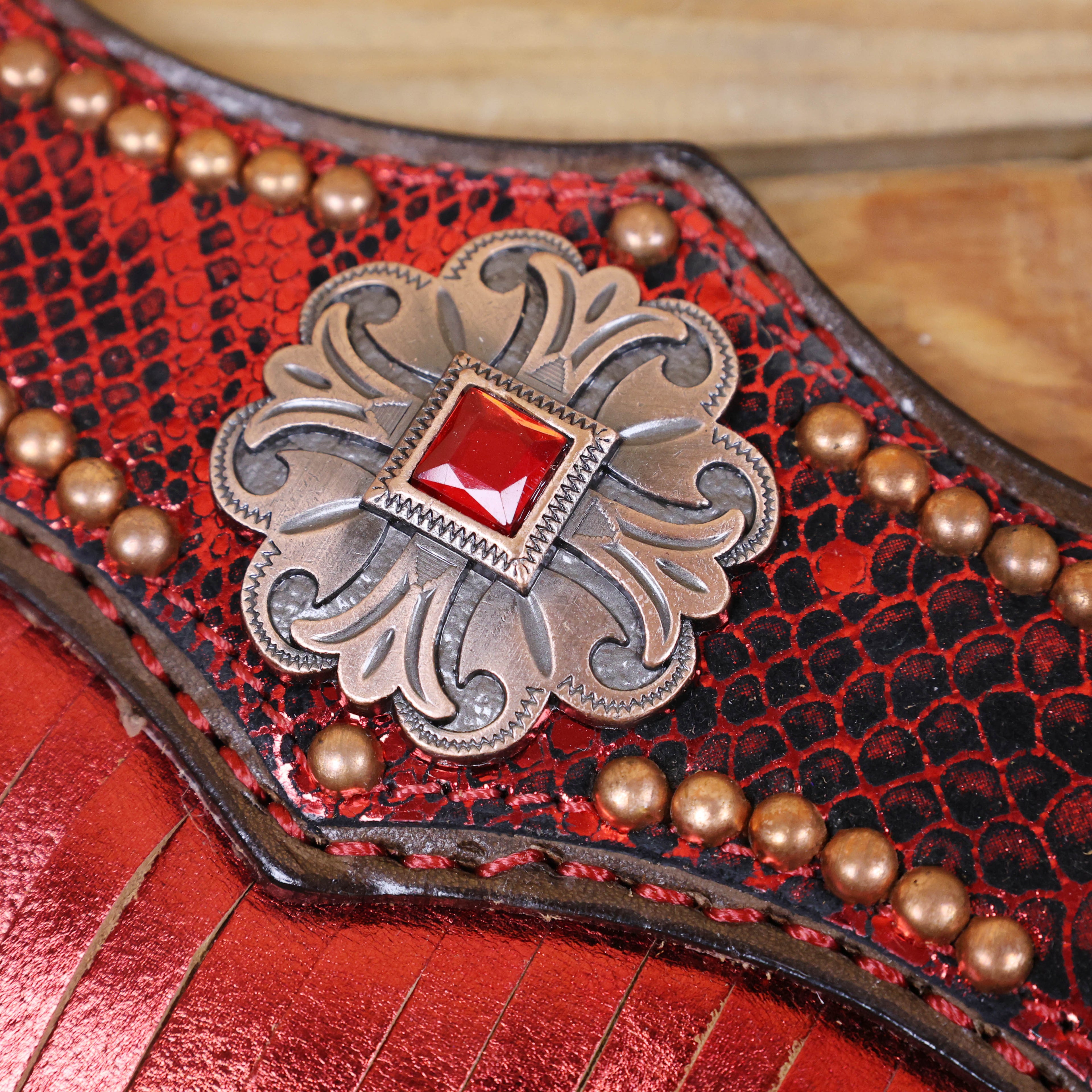 MOUSM Argentina Cow Leather Headstall & Breast Collar Set – Western Horse Tack with Red Metallic Snake Print and Fringe, Antique Brass Hardware