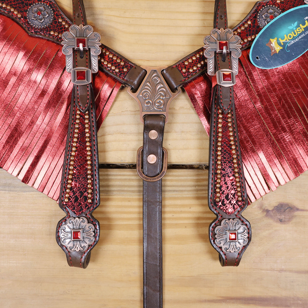 Red Metallic Snake Print & Fringe Headstall Tack Set