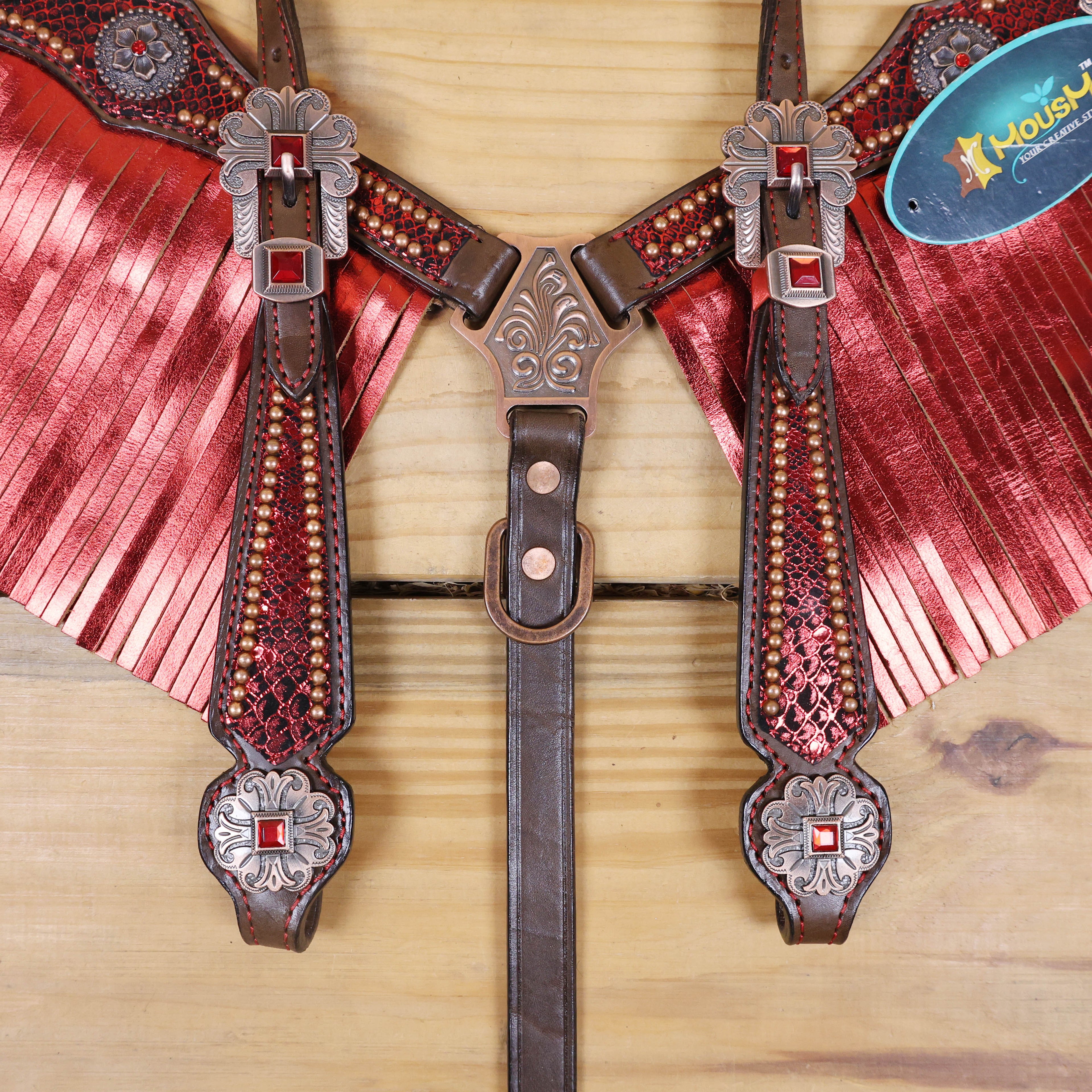 MOUSM Argentina Cow Leather Headstall & Breast Collar Set – Western Horse Tack with Red Metallic Snake Print and Fringe, Antique Brass Hardware