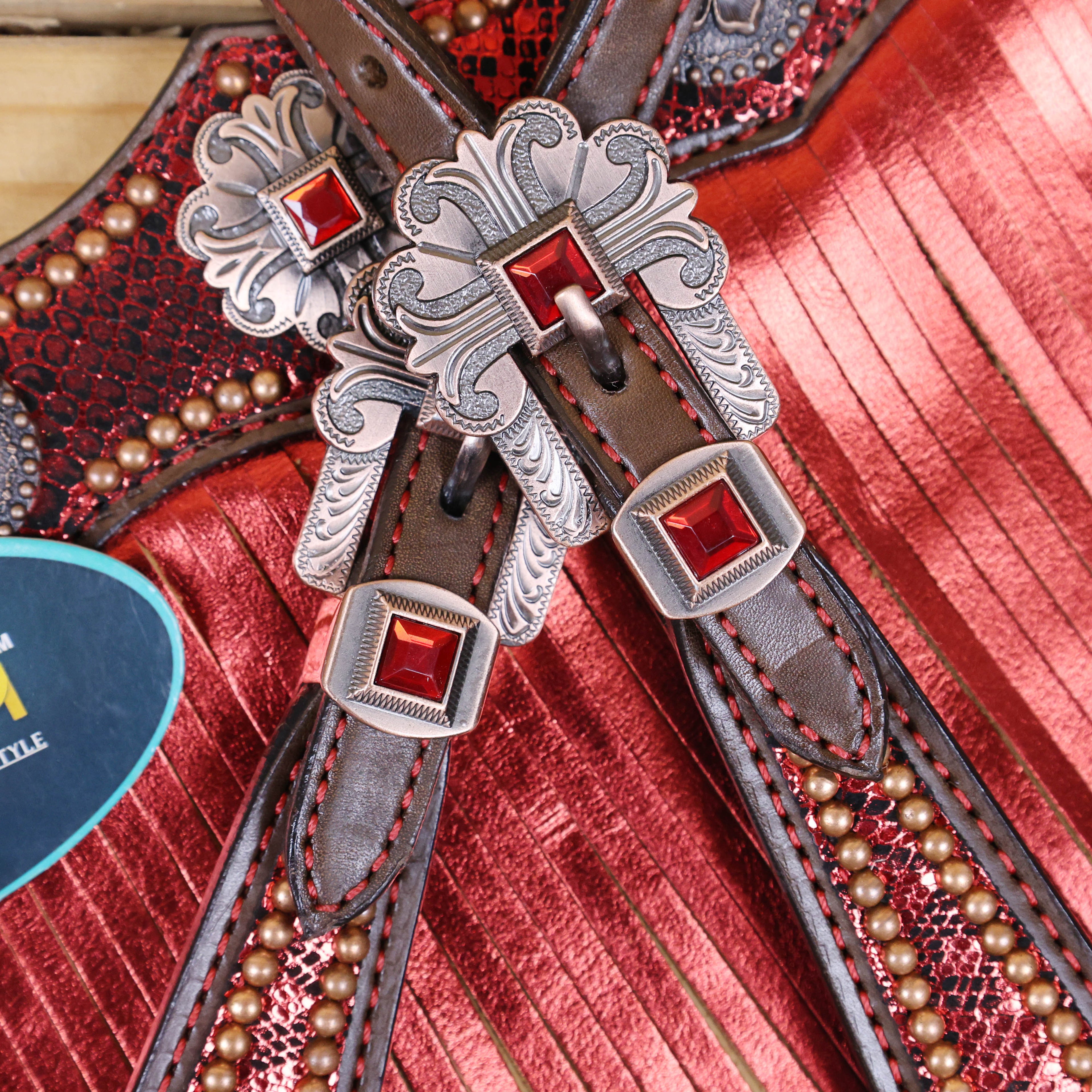 MOUSM Argentina Cow Leather Headstall & Breast Collar Set – Western Horse Tack with Red Metallic Snake Print and Fringe, Antique Brass Hardware