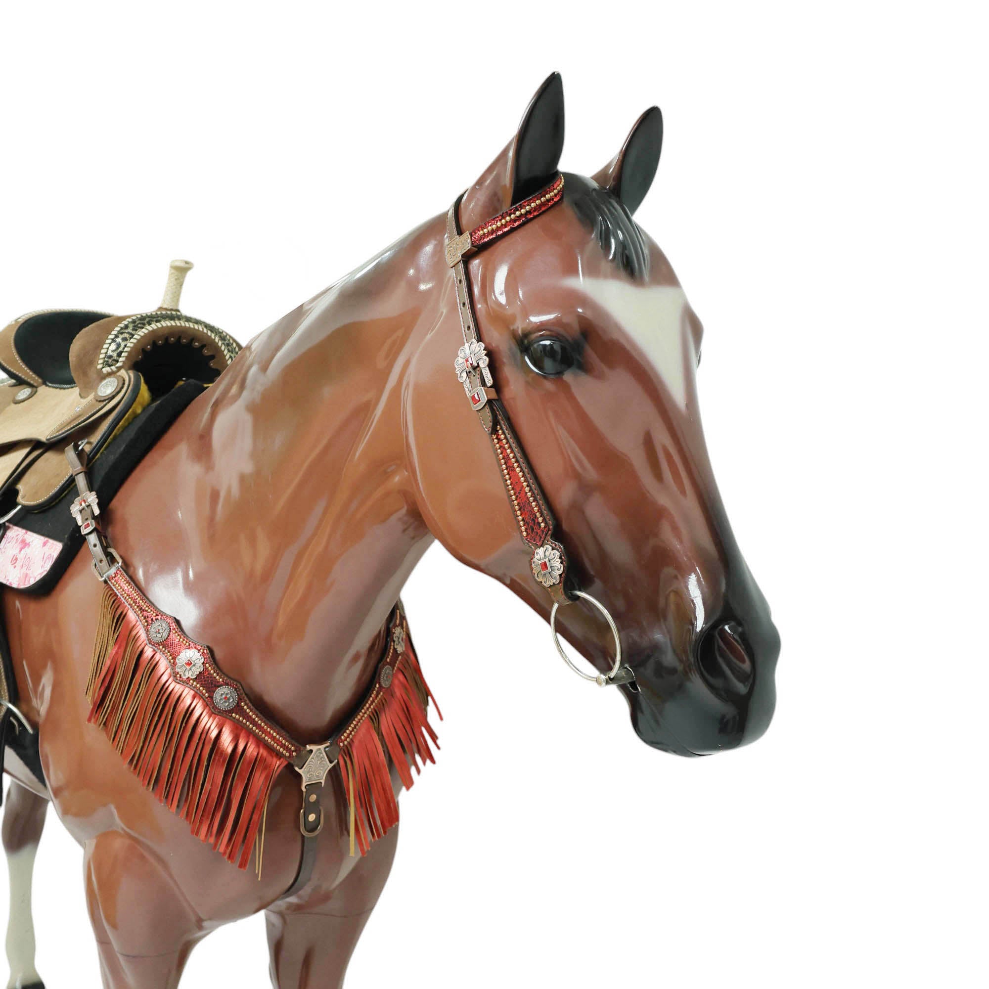 MOUSM Argentina Cow Leather Headstall & Breast Collar Set – Western Horse Tack with Red Metallic Snake Print and Fringe, Antique Brass Hardware