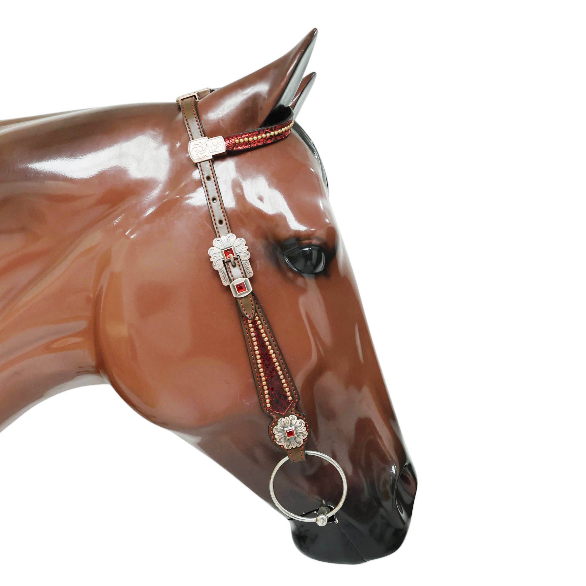 MOUSM Argentina Cow Leather Headstall & Breast Collar Set – Western Horse Tack with Red Metallic Snake Print and Fringe, Antique Brass Hardware