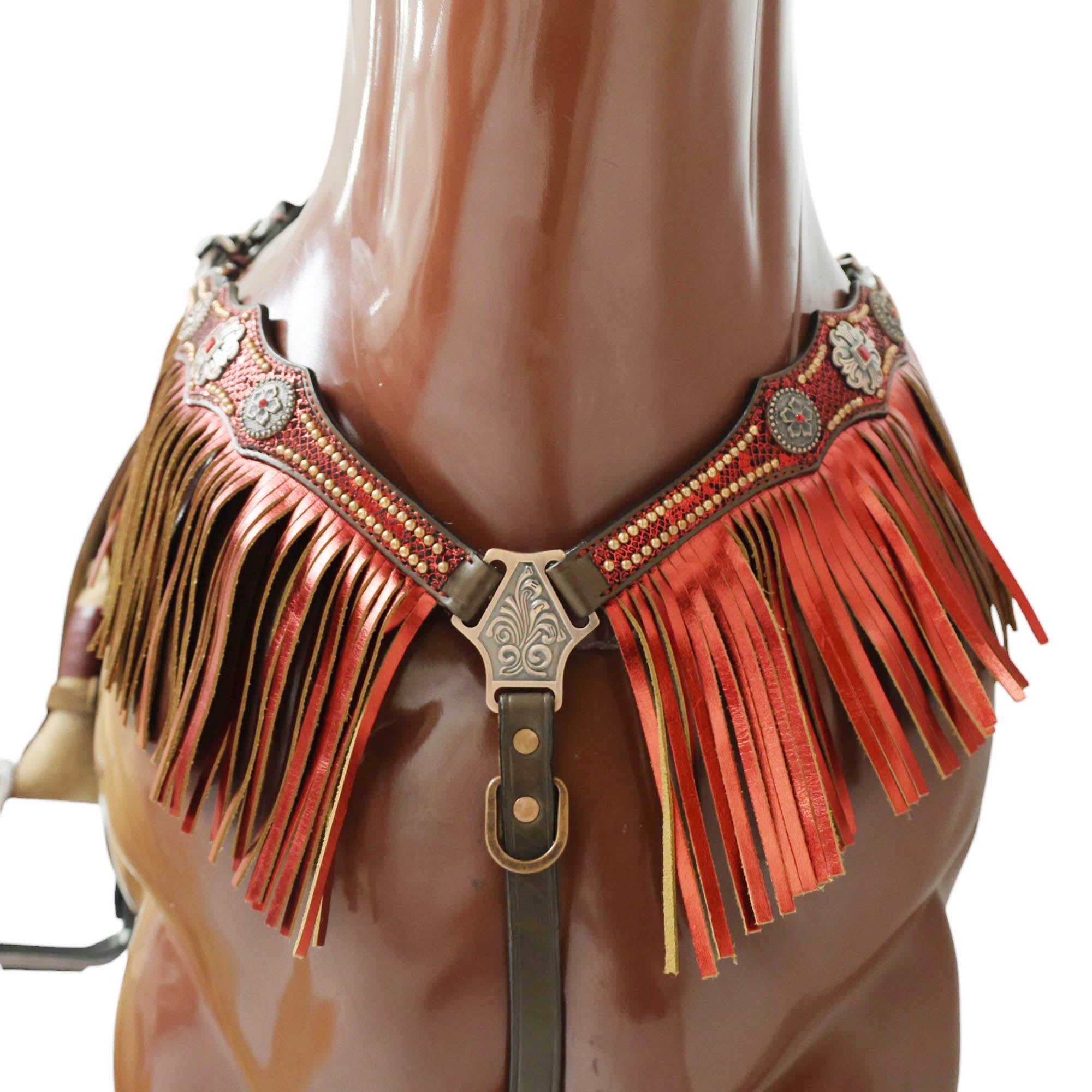 MOUSM Argentina Cow Leather Headstall & Breast Collar Set – Western Horse Tack with Red Metallic Snake Print and Fringe, Antique Brass Hardware